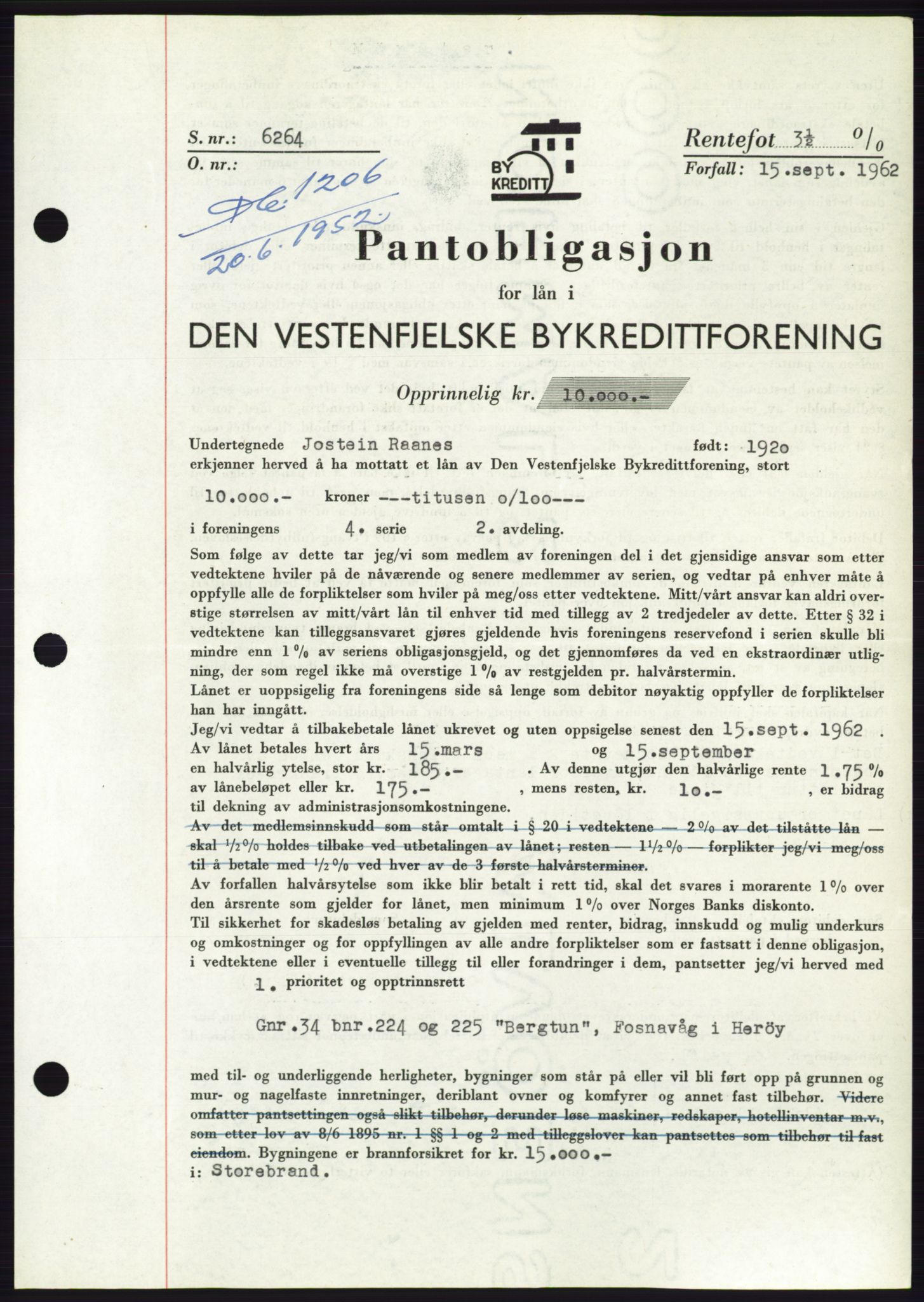 Søre Sunnmøre sorenskriveri, AV/SAT-A-4122/1/2/2C/L0121: Pantebok nr. 9B, 1951-1952, Dagboknr: 1206/1952