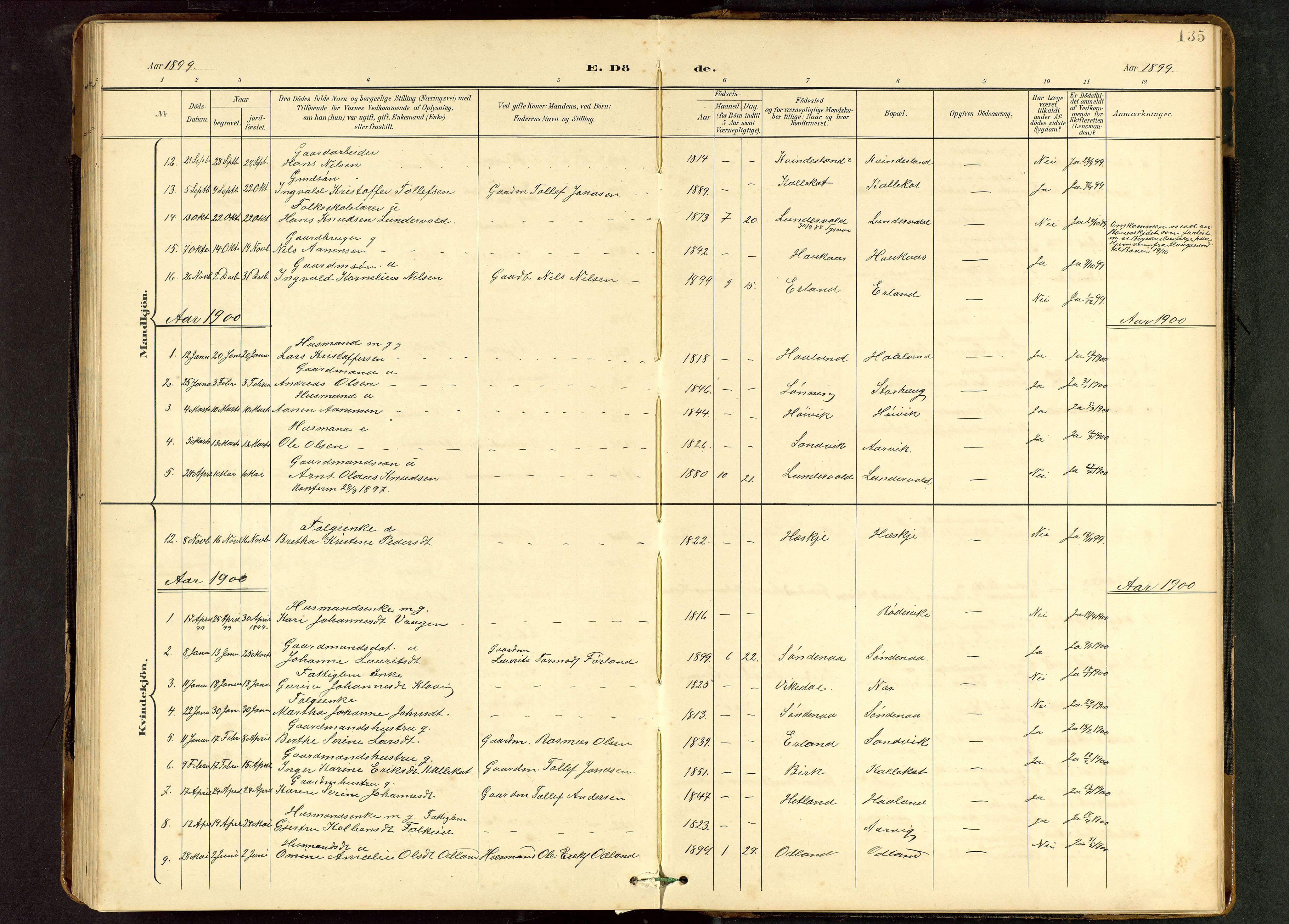 Tysvær sokneprestkontor, AV/SAST-A -101864/H/Ha/Hab/L0010: Klokkerbok nr. B 10, 1897-1912, s. 135