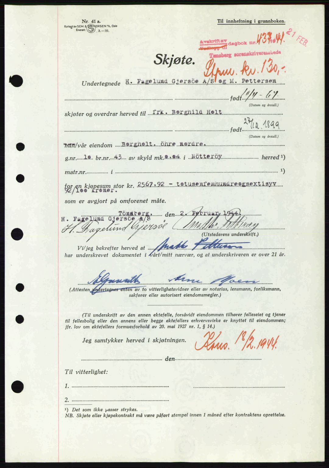 Tønsberg sorenskriveri, AV/SAKO-A-130/G/Ga/Gaa/L0014: Pantebok nr. A14, 1943-1944, Dagboknr: 437/1944