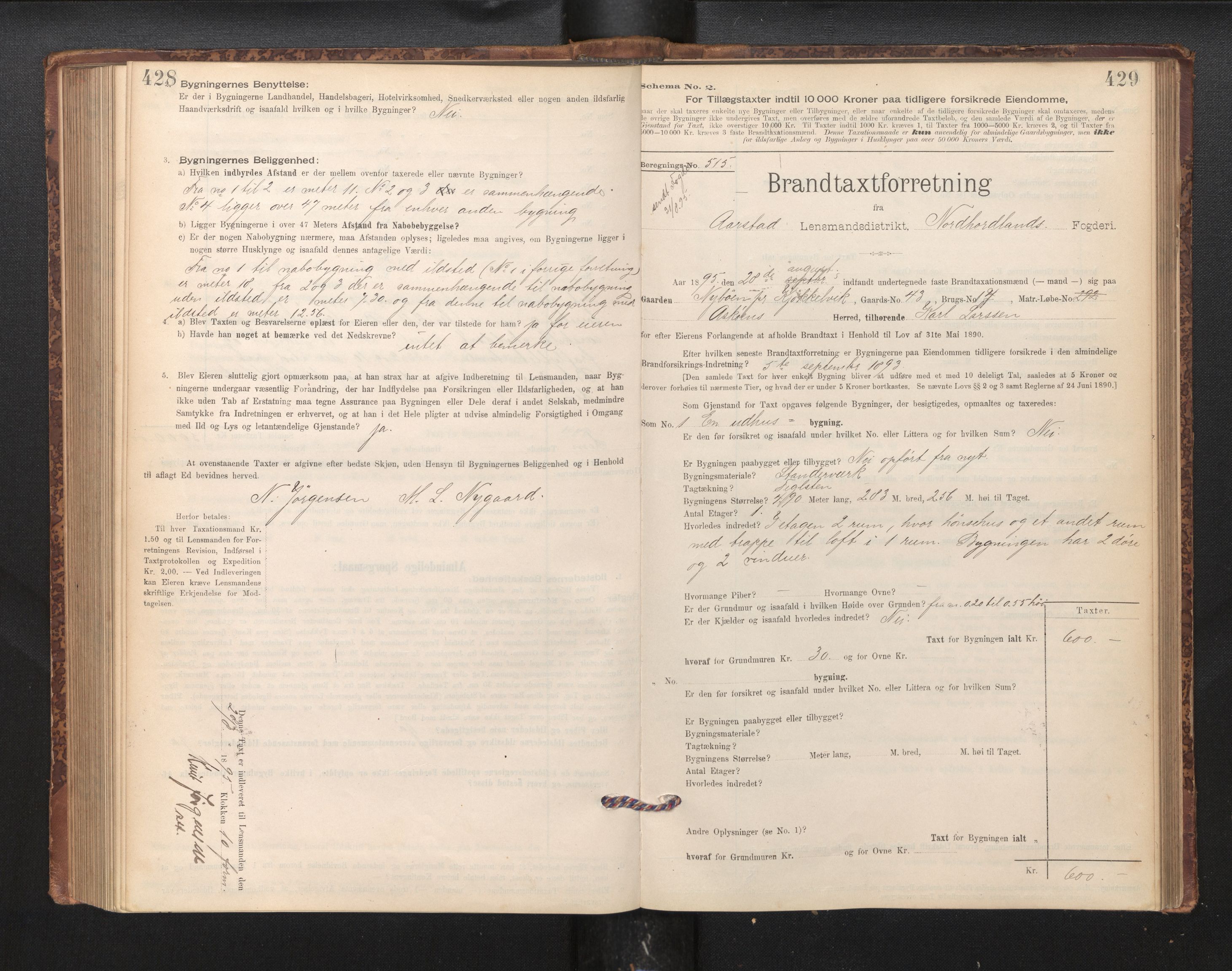 Lensmannen i Årstad, AV/SAB-A-36201/0012/L0011: Branntakstprotokoll,skjematakst, 1895-1901, s. 428-429