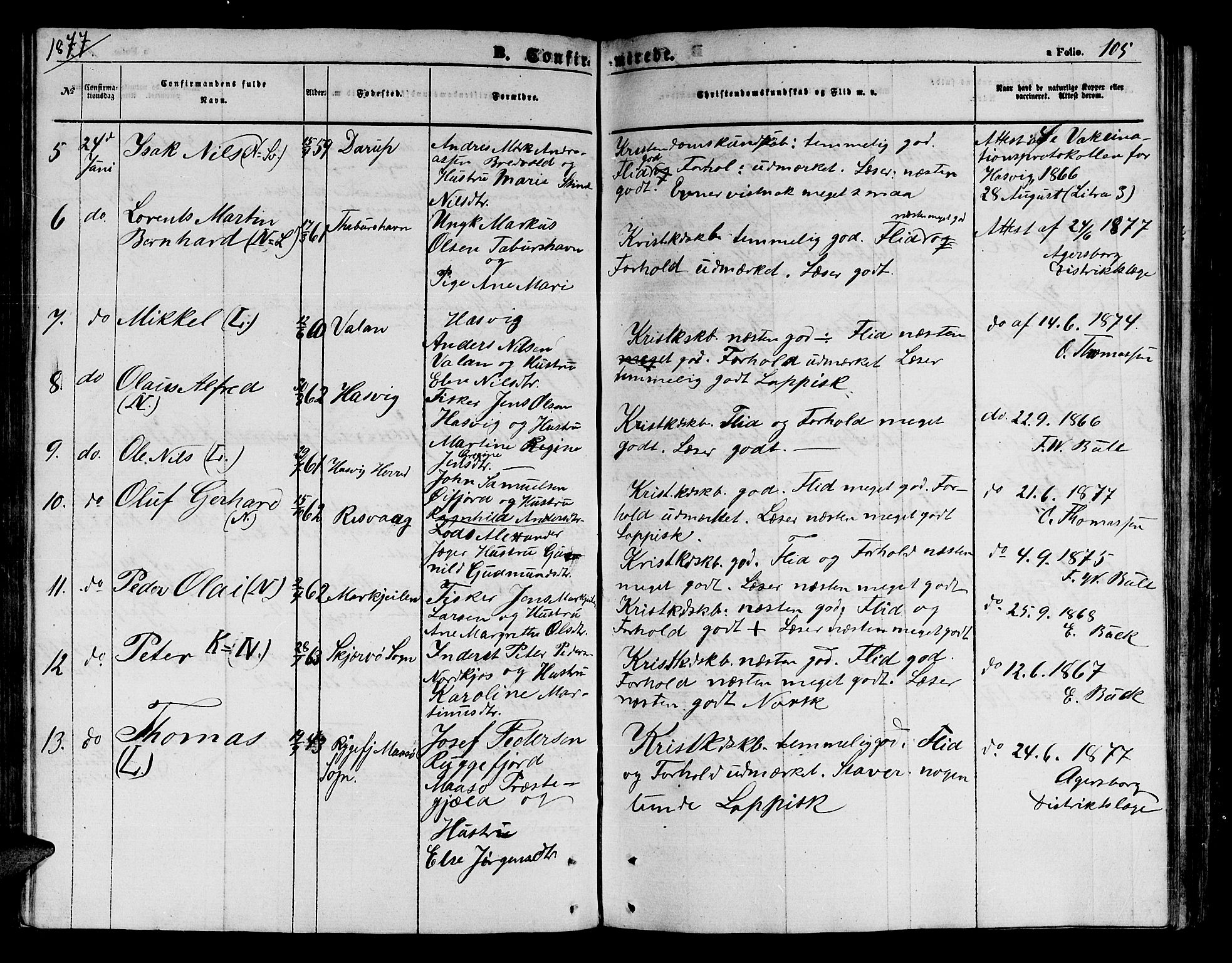 Loppa sokneprestkontor, AV/SATØ-S-1339/H/Hb/L0003klokker: Klokkerbok nr. 3, 1853-1880, s. 105