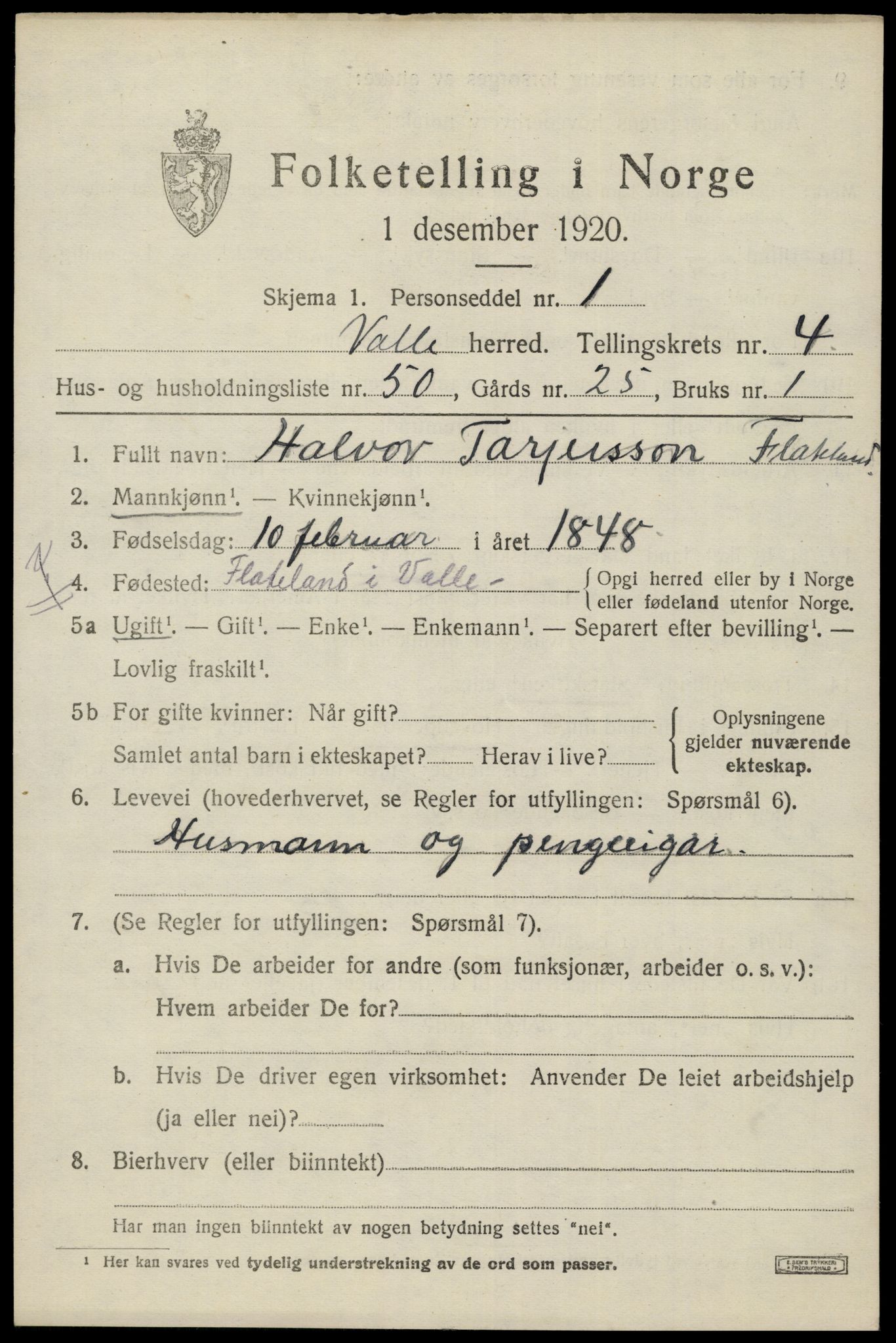 SAK, Folketelling 1920 for 0940 Valle herred, 1920, s. 2531