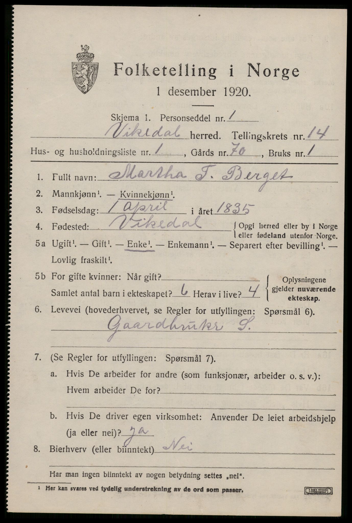 SAST, Folketelling 1920 for 1157 Vikedal herred, 1920, s. 4251