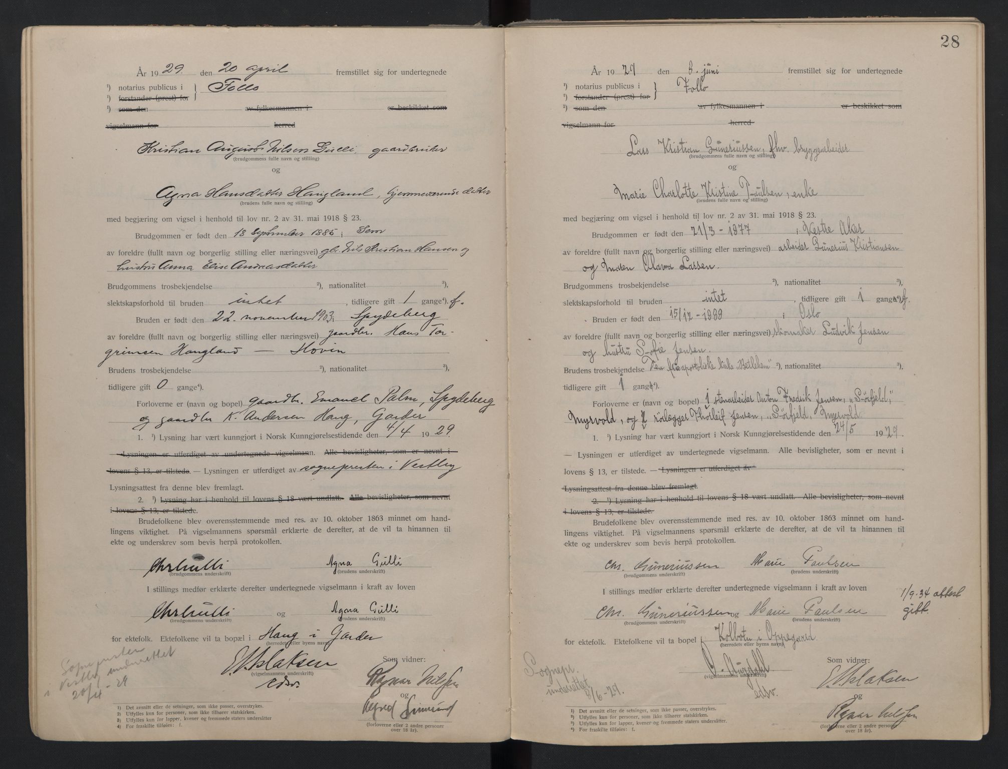 Follo sorenskriveri, AV/SAO-A-10274/L/La/Lab/L0001: Vigselsbok, 1920-1942, s. 28