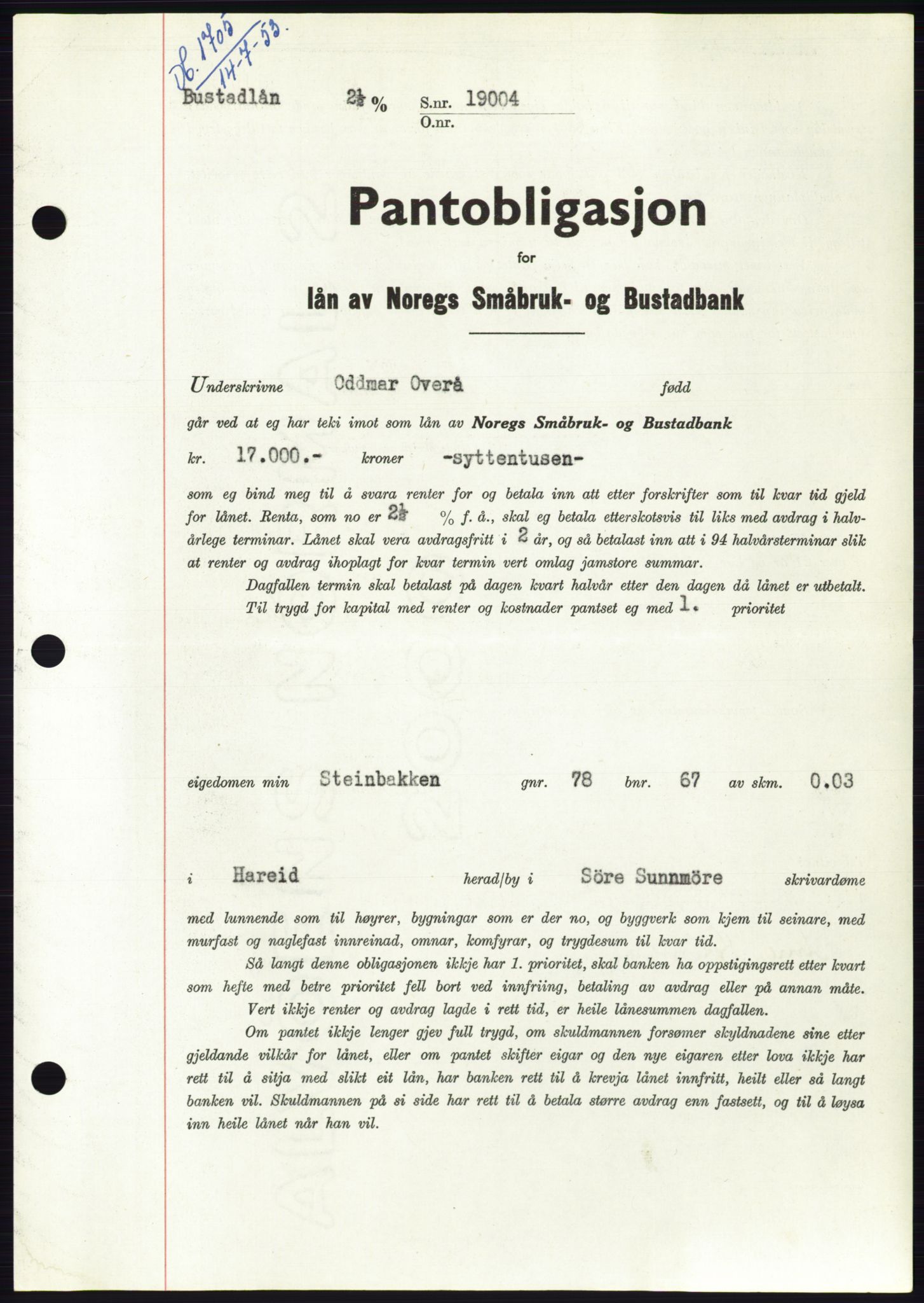Søre Sunnmøre sorenskriveri, SAT/A-4122/1/2/2C/L0123: Pantebok nr. 11B, 1953-1953, Dagboknr: 1705/1953