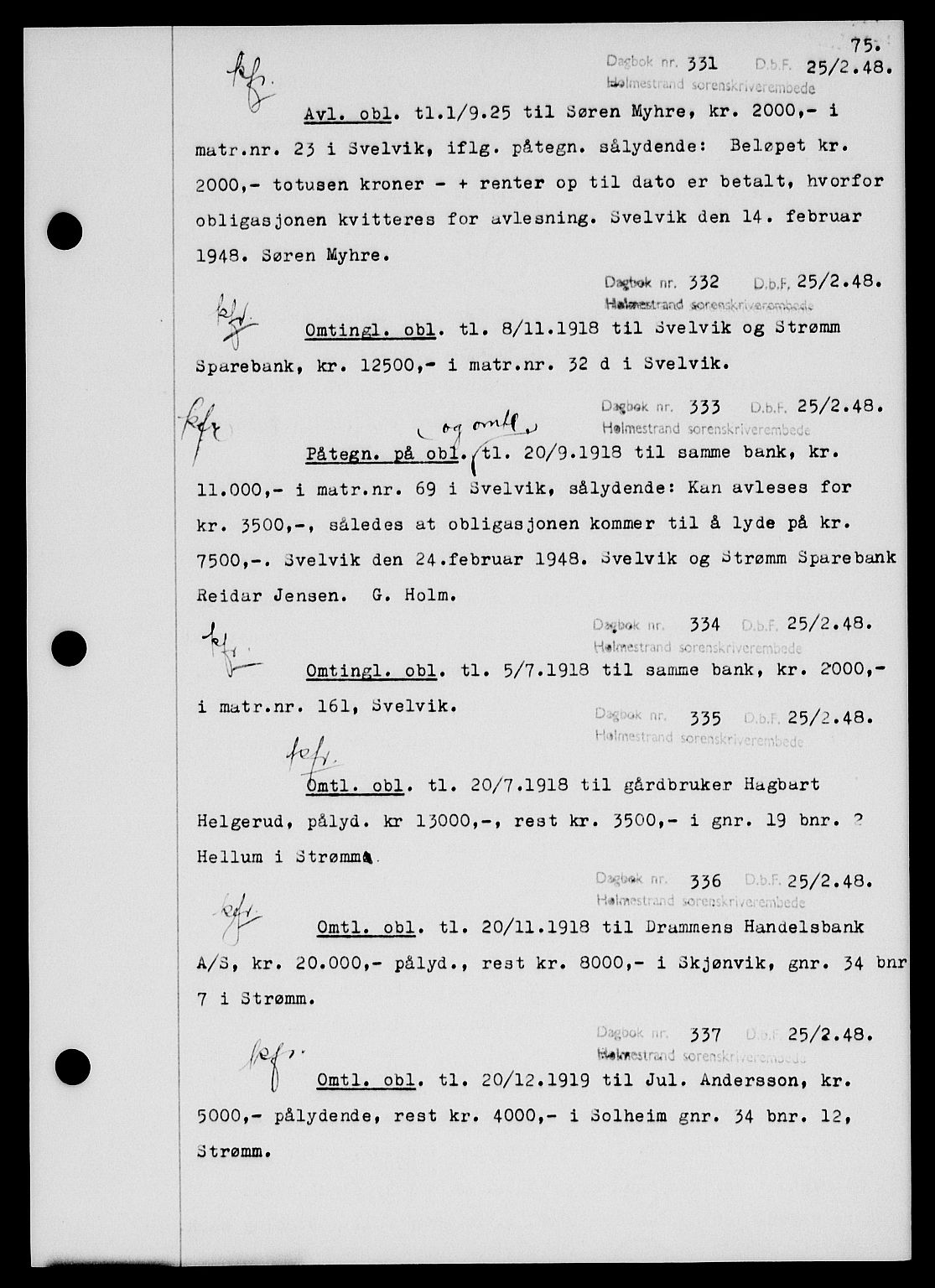 Holmestrand sorenskriveri, SAKO/A-67/G/Ga/Gab/L0058: Pantebok nr. B-58, 1947-1948, s. 75, Dagboknr: 331/1948