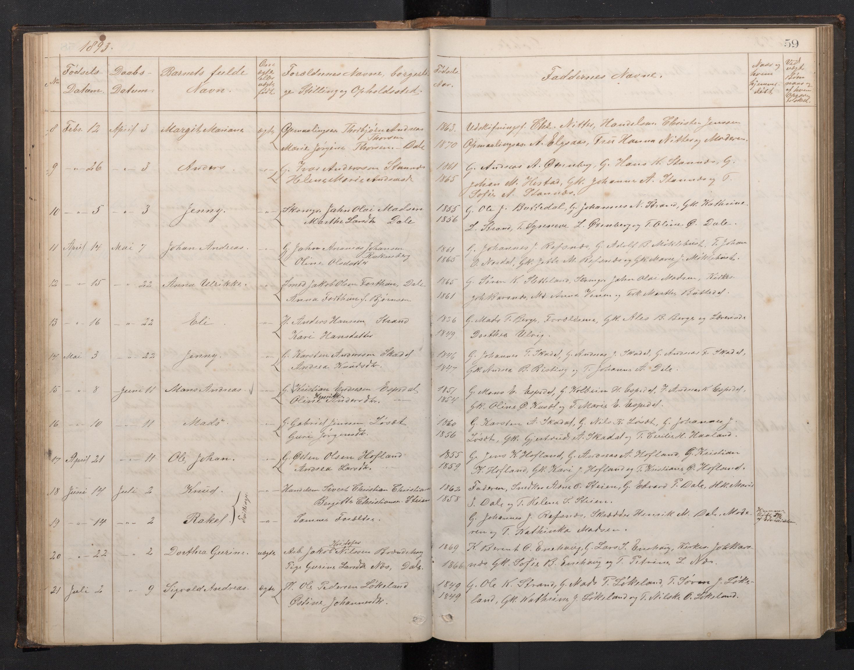 Fjaler sokneprestembete, AV/SAB-A-79801/H/Hab/Habc/L0002: Klokkerbok nr. C 2, 1879-1893, s. 58b-59a