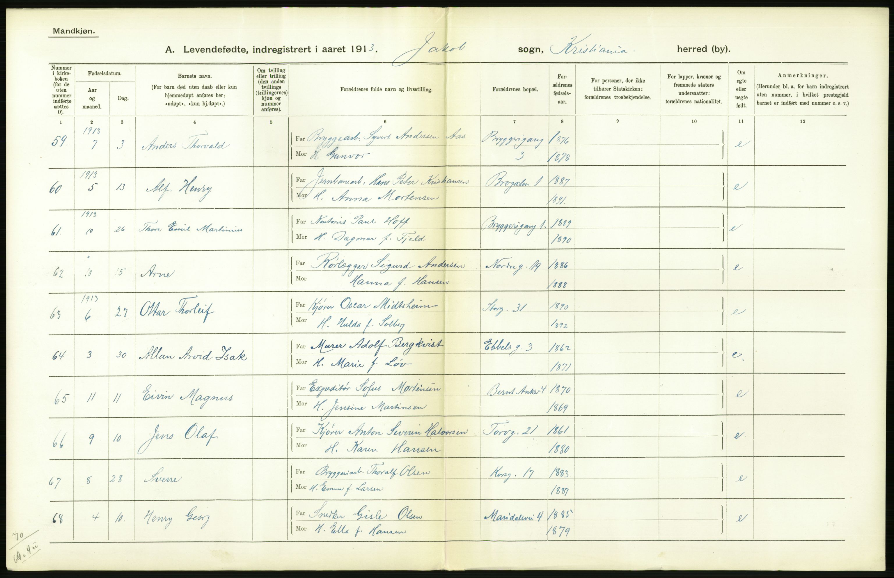 Statistisk sentralbyrå, Sosiodemografiske emner, Befolkning, RA/S-2228/D/Df/Dfb/Dfbc/L0007: Kristiania: Levendefødte menn og kvinner., 1913, s. 694