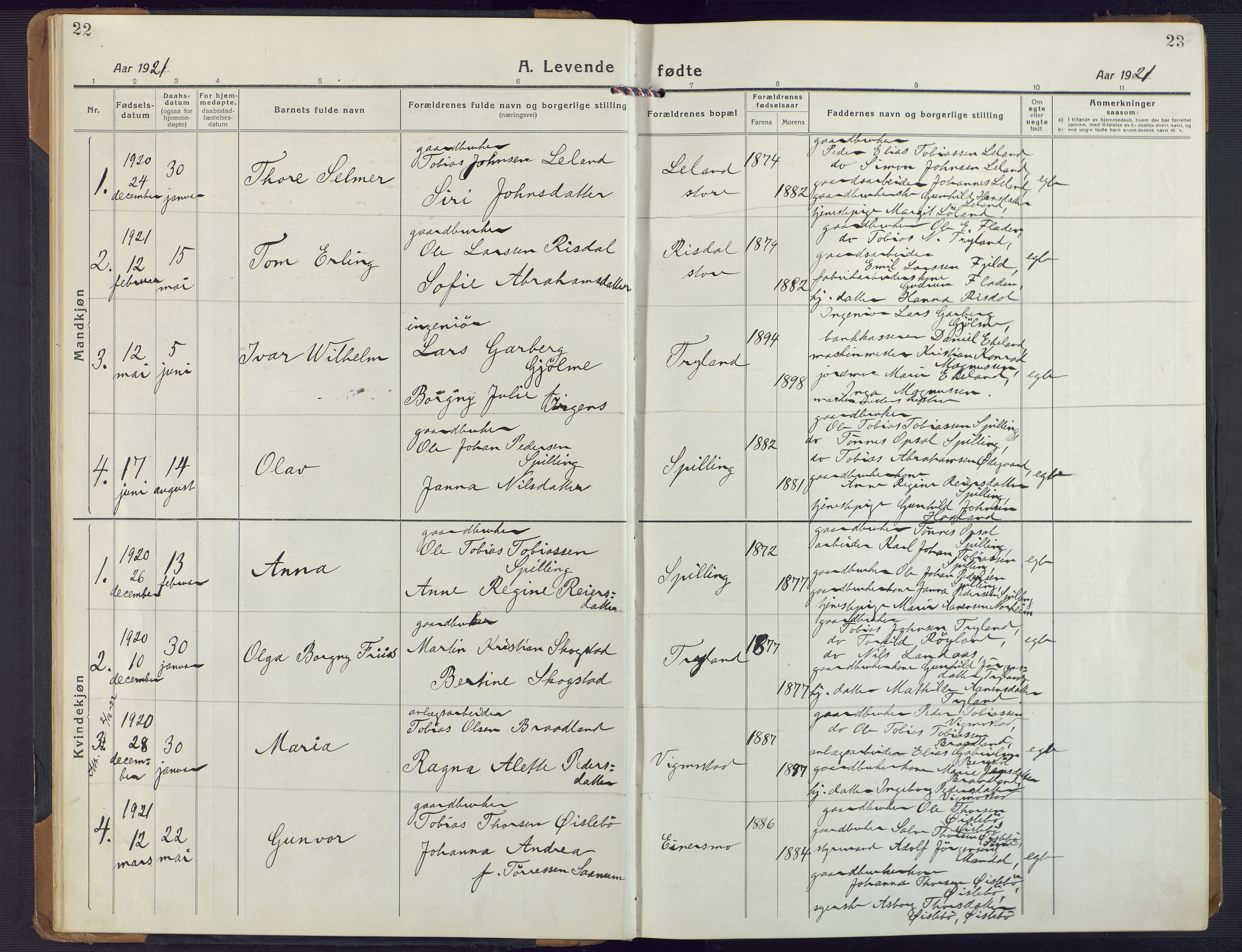 Nord-Audnedal sokneprestkontor, AV/SAK-1111-0032/F/Fa/Fab/L0005: Ministerialbok nr. A 5, 1918-1925, s. 22-23