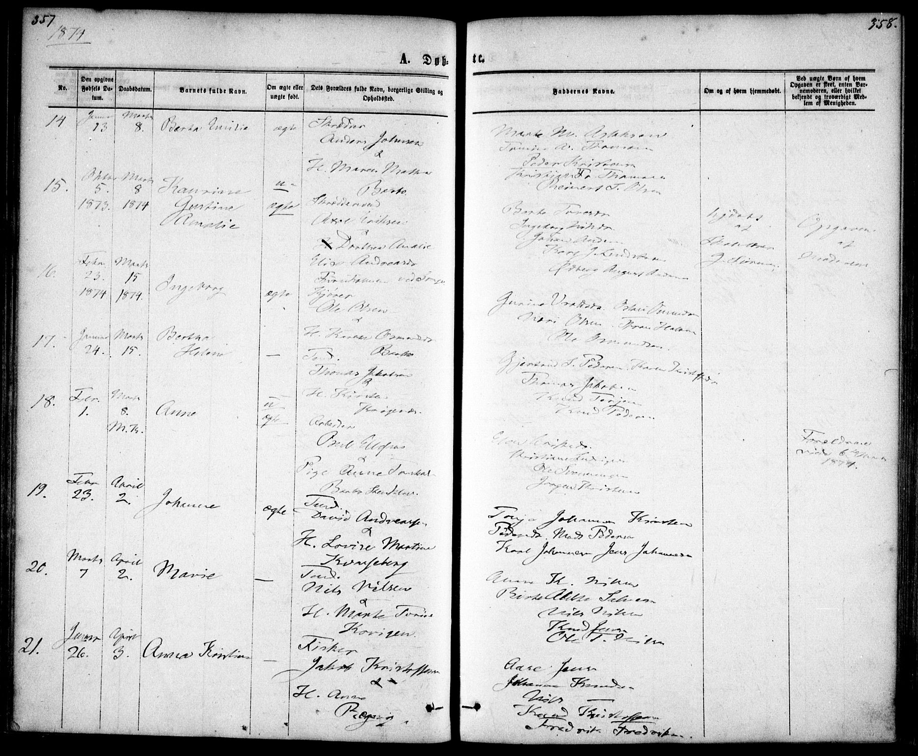 Tromøy sokneprestkontor, AV/SAK-1111-0041/F/Fa/L0008: Ministerialbok nr. A 8, 1870-1877, s. 357-358