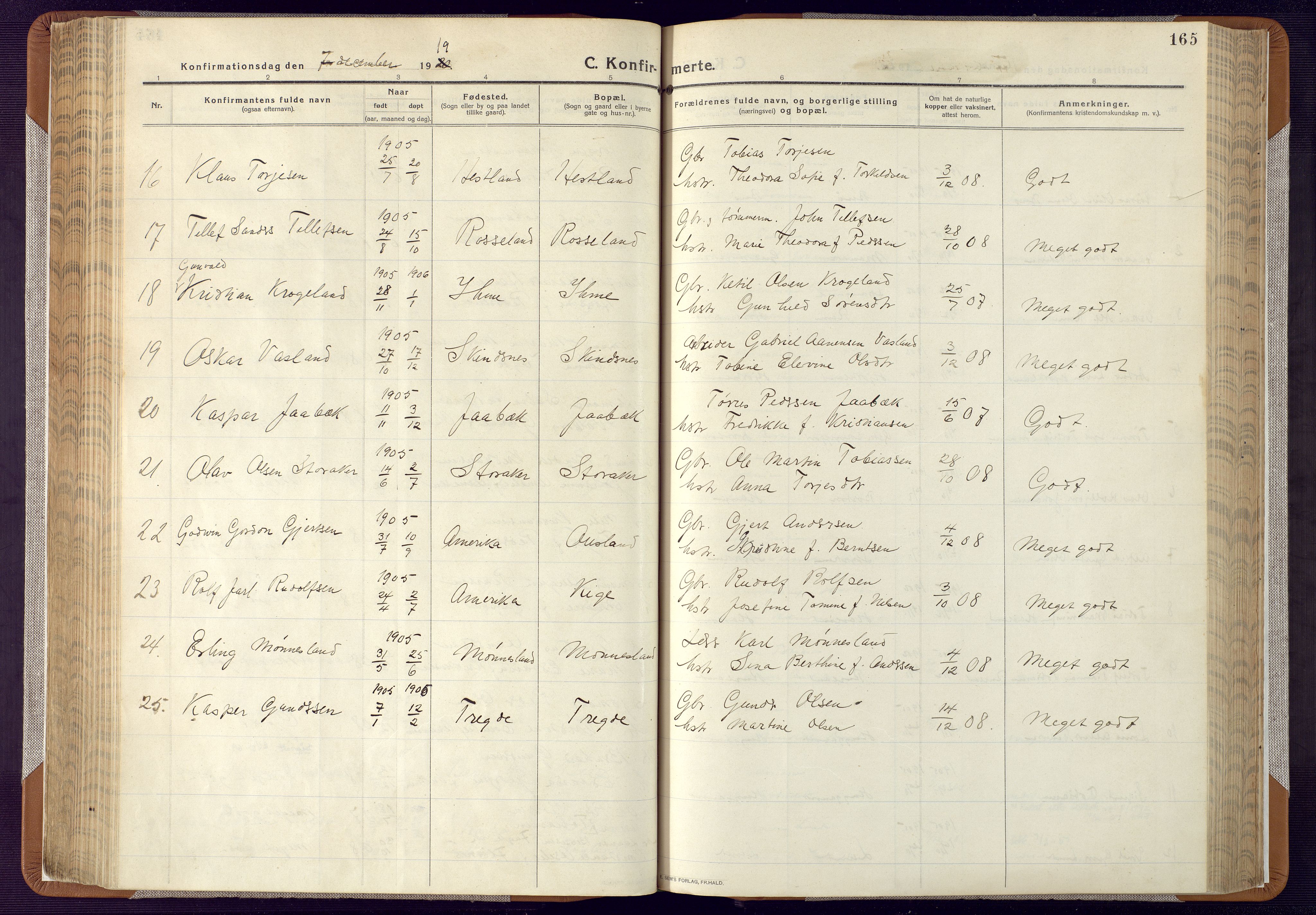 Mandal sokneprestkontor, AV/SAK-1111-0030/F/Fa/Faa/L0022: Ministerialbok nr. A 22, 1913-1925, s. 165