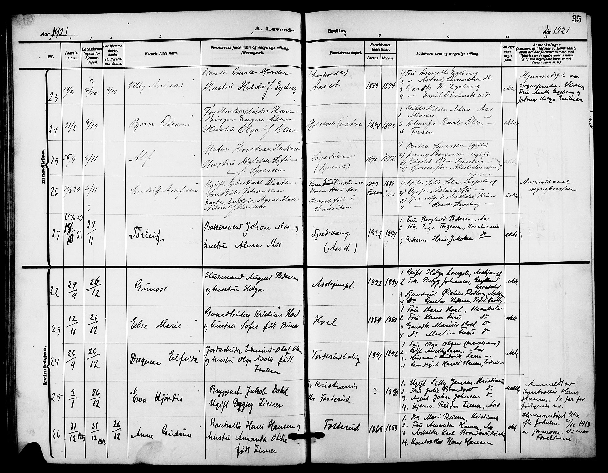 Ås prestekontor Kirkebøker, AV/SAO-A-10894/G/Ga/L0005: Klokkerbok nr. I 5, 1916-1924, s. 35