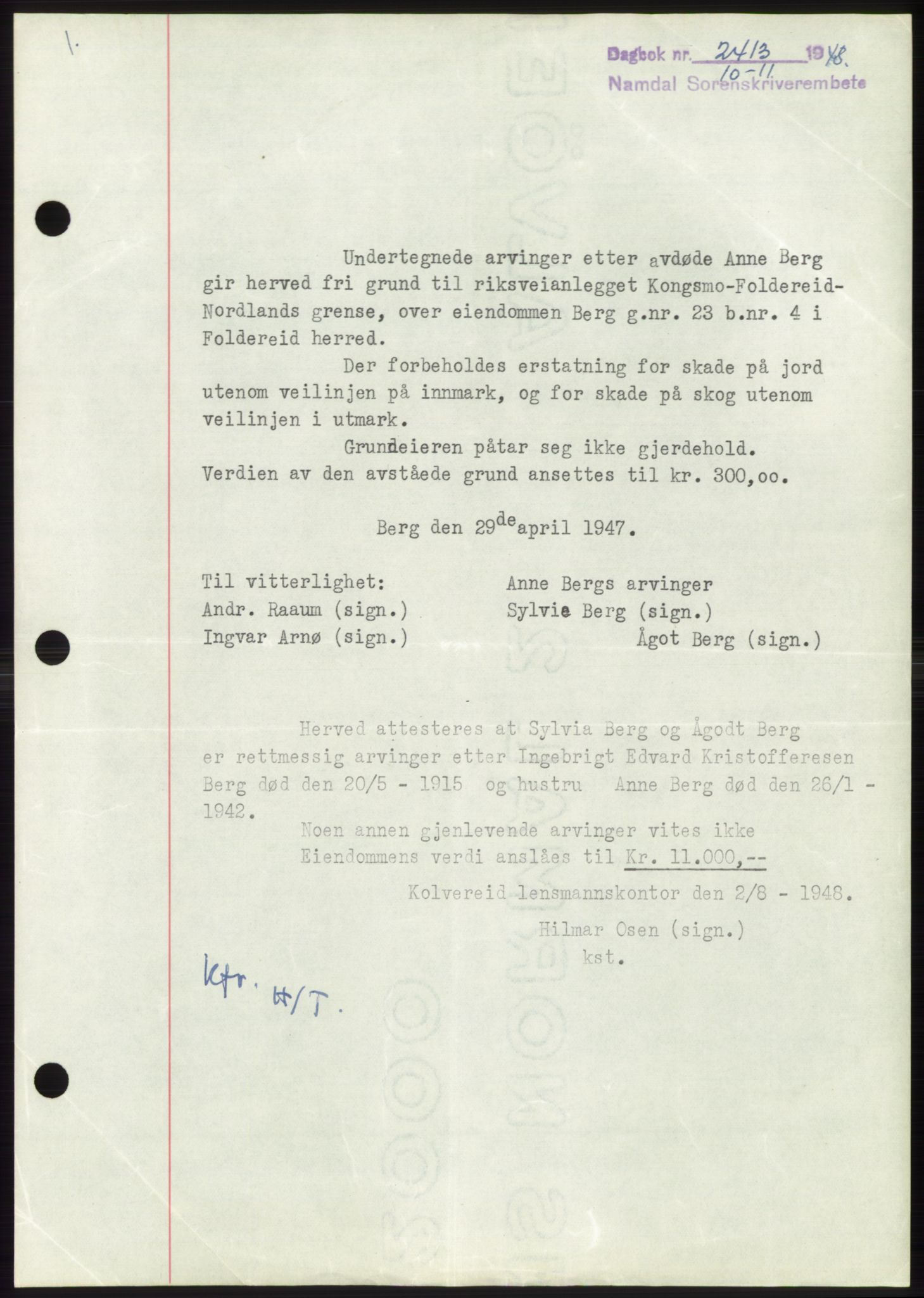 Namdal sorenskriveri, SAT/A-4133/1/2/2C: Pantebok nr. -, 1948-1948, Dagboknr: 2413/1948