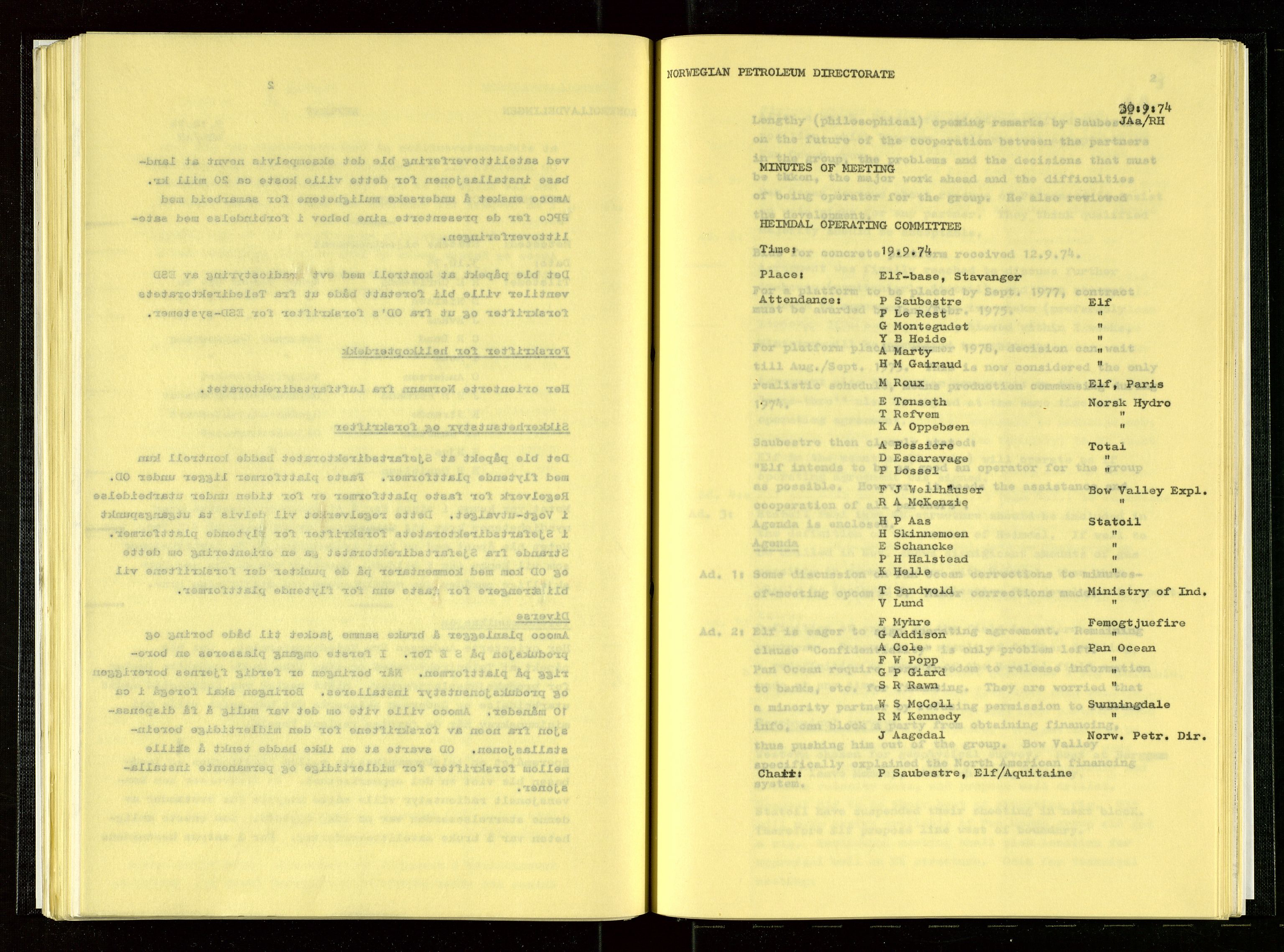 Oljedirektoratet, SAST/A-101366/Aa/L0003: Referatprotokoller, 1974