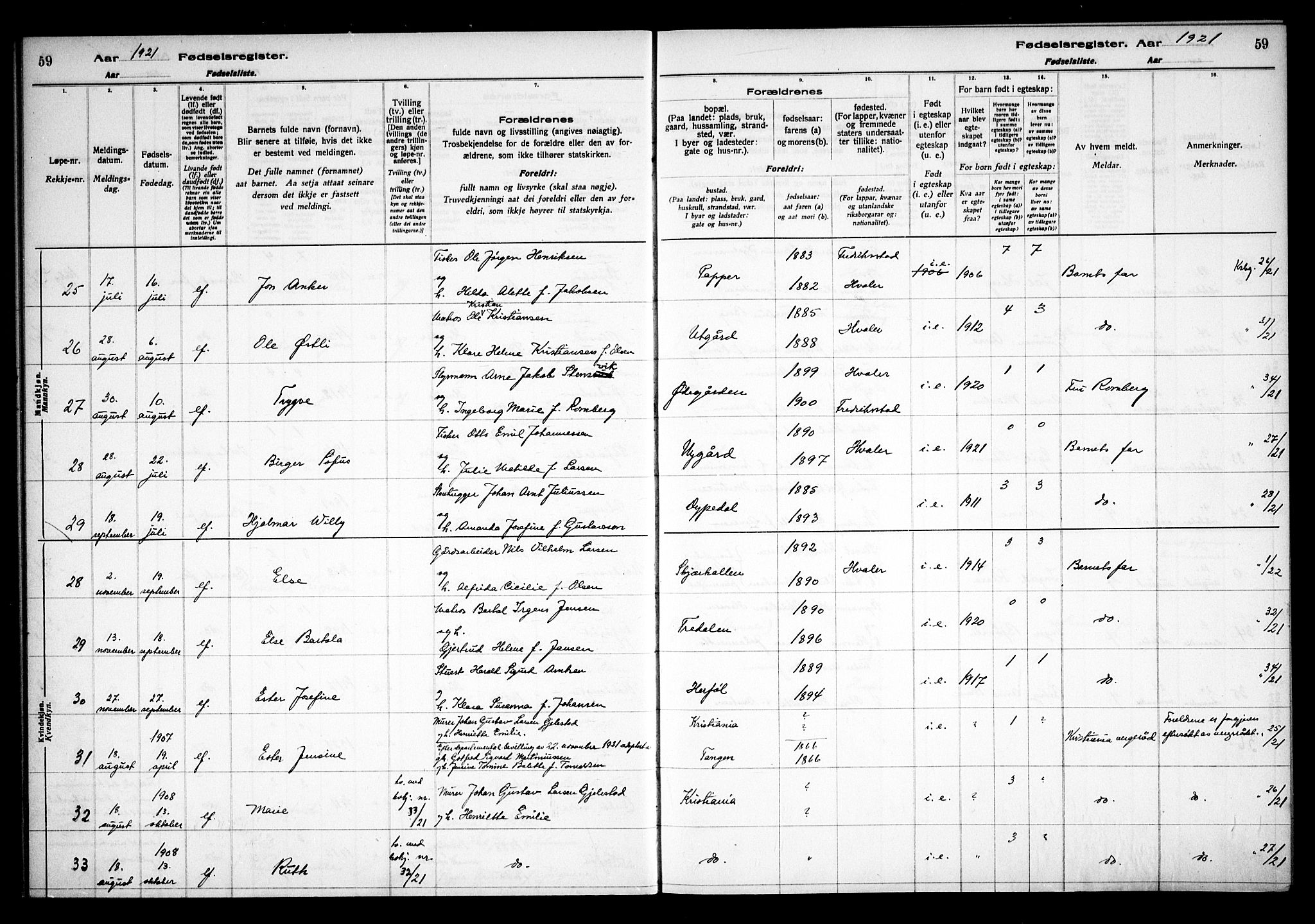 Hvaler prestekontor Kirkebøker, AV/SAO-A-2001/J/Ja/L0001: Fødselsregister nr. I 1, 1916-1938, s. 59