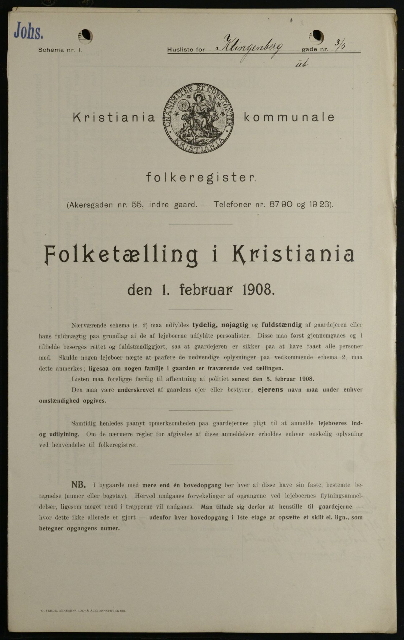 OBA, Kommunal folketelling 1.2.1908 for Kristiania kjøpstad, 1908, s. 46346