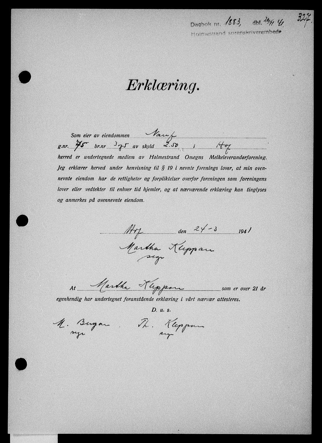 Holmestrand sorenskriveri, SAKO/A-67/G/Ga/Gaa/L0054: Pantebok nr. A-54, 1941-1942, Dagboknr: 1883/1941