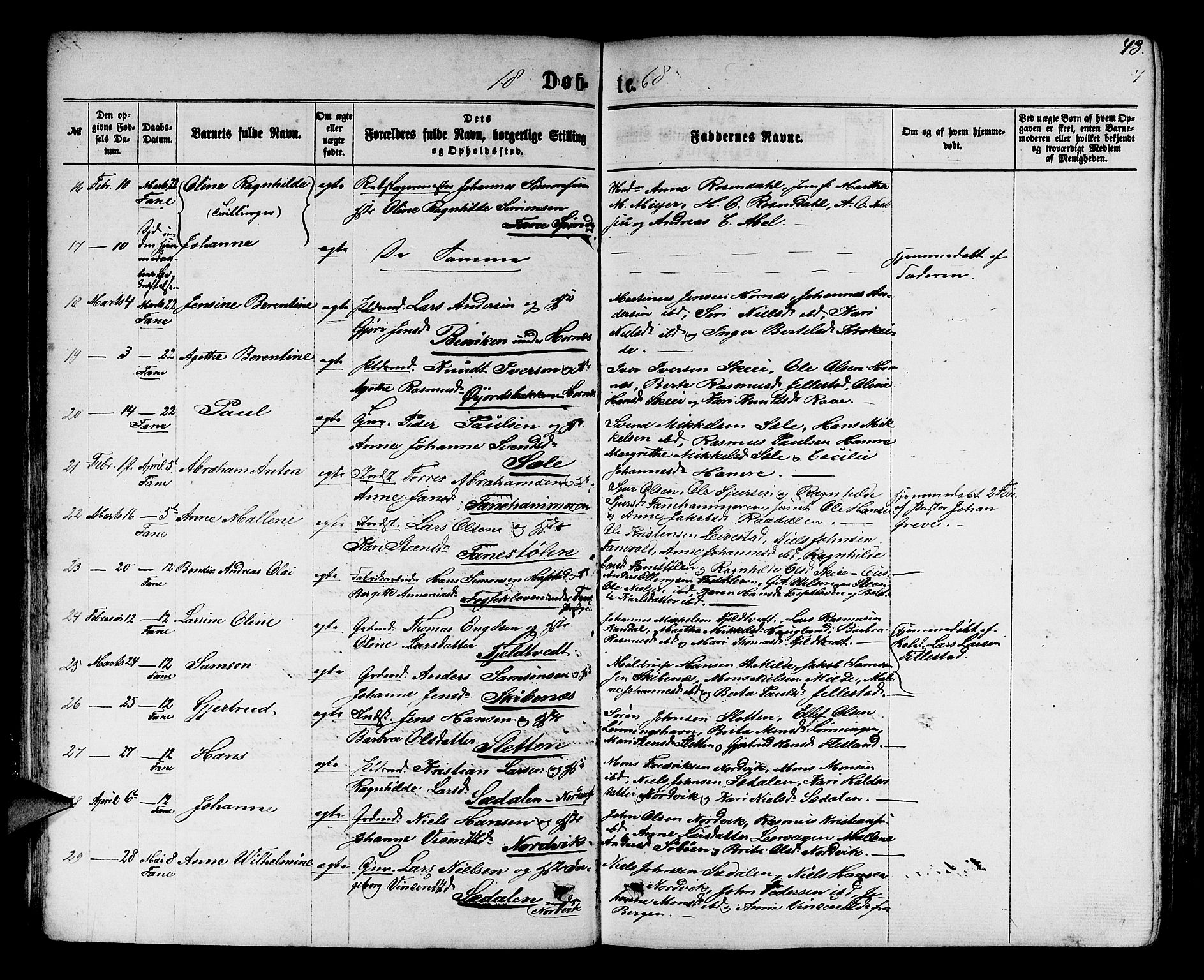 Fana Sokneprestembete, AV/SAB-A-75101/H/Hab/Habb/L0003: Klokkerbok nr. B 3, 1861-1888, s. 43