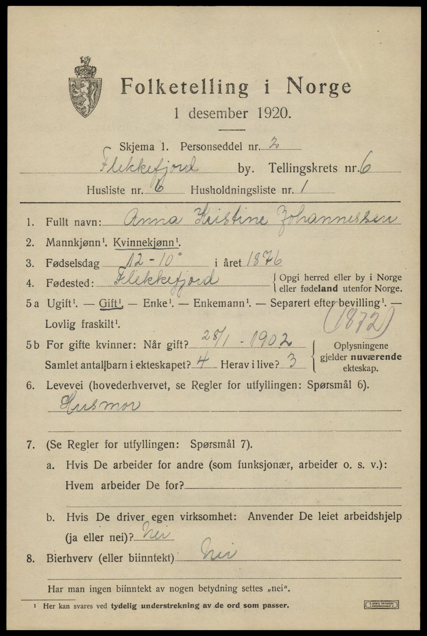 SAK, Folketelling 1920 for 1004 Flekkefjord kjøpstad, 1920, s. 5814