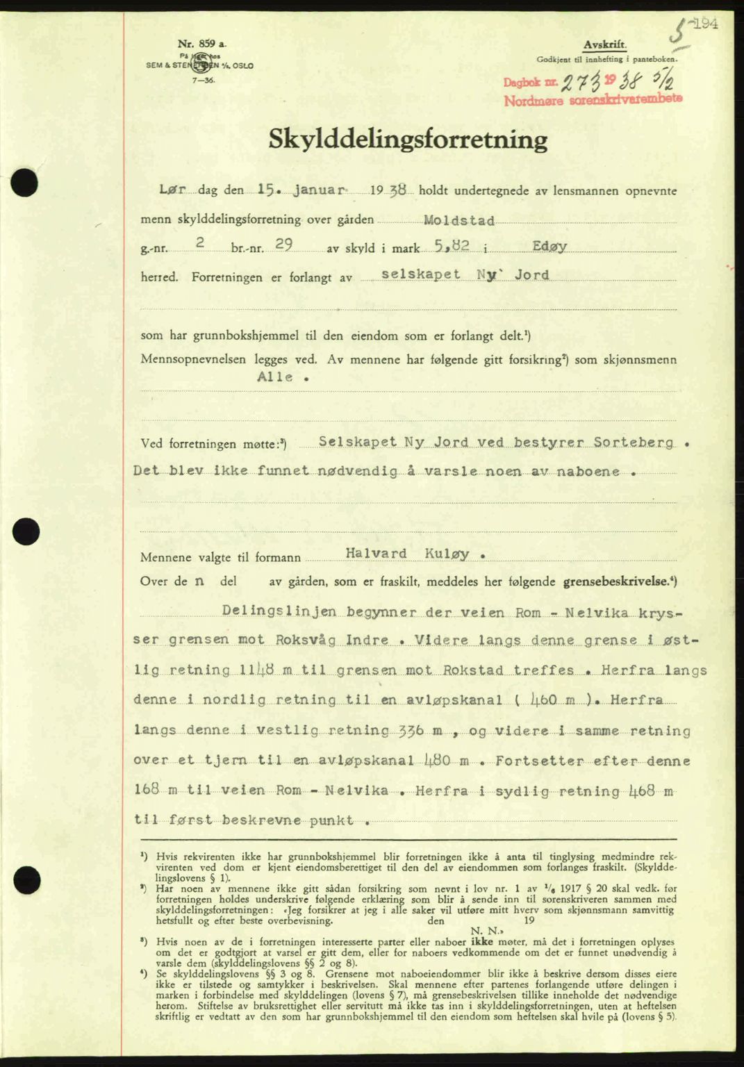 Nordmøre sorenskriveri, SAT/A-4132/1/2/2Ca: Pantebok nr. A83, 1938-1938, Dagboknr: 273/1938