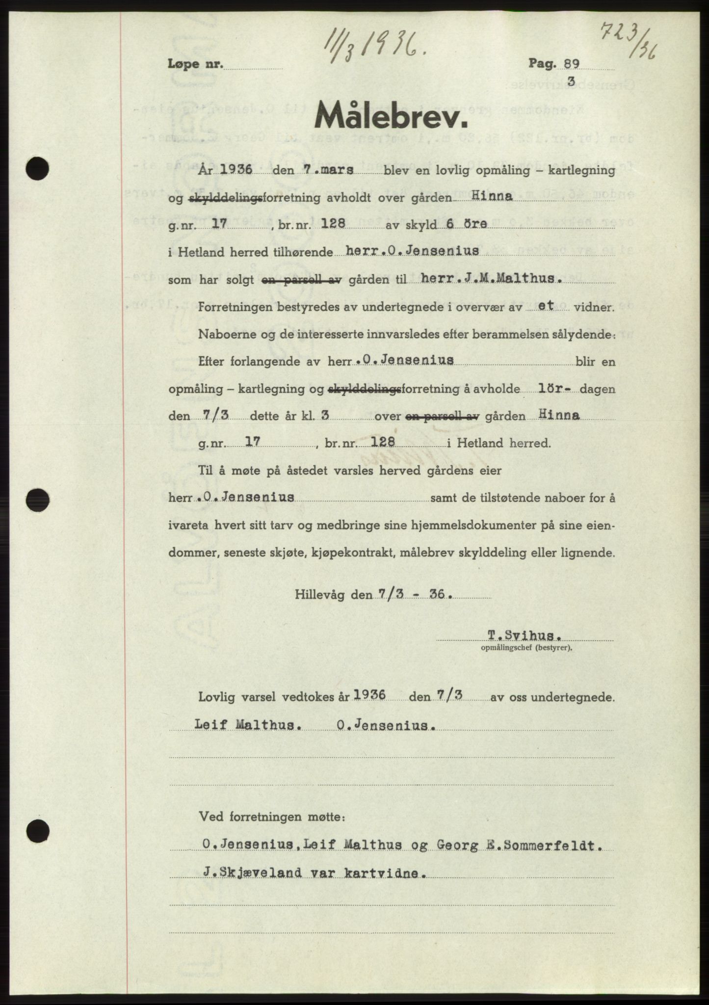 Jæren sorenskriveri, SAST/A-100310/03/G/Gba/L0065: Pantebok nr. 71, 1936-1936, Dagboknr: 723/1936