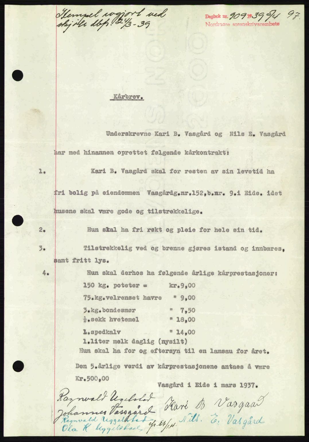 Nordmøre sorenskriveri, SAT/A-4132/1/2/2Ca: Pantebok nr. B85, 1939-1939, Dagboknr: 909/1939