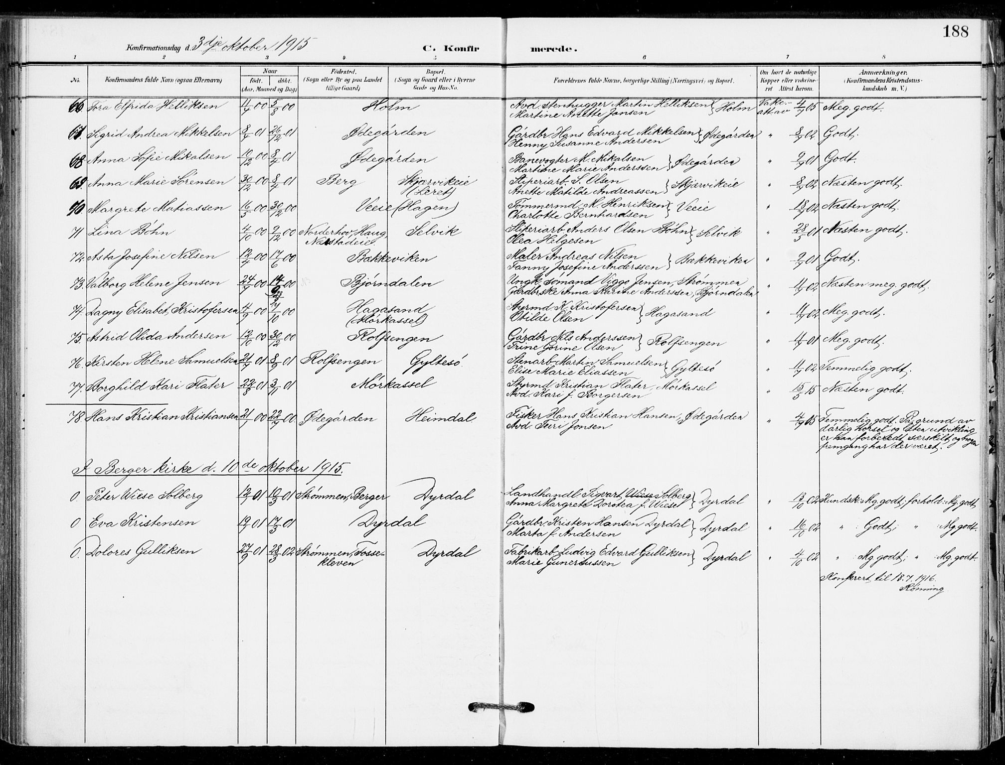 Sande Kirkebøker, AV/SAKO-A-53/F/Fa/L0008: Ministerialbok nr. 8, 1904-1921, s. 188