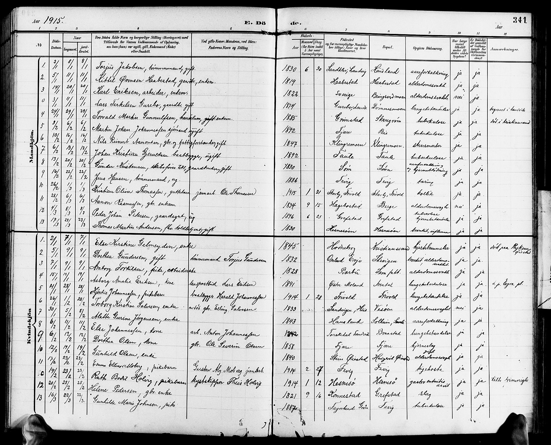 Fjære sokneprestkontor, AV/SAK-1111-0011/F/Fb/L0012: Klokkerbok nr. B 12, 1902-1925, s. 341