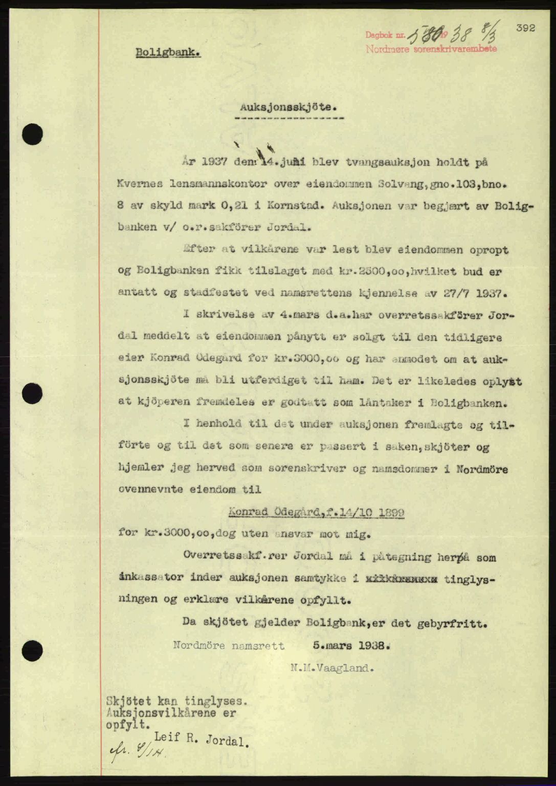 Nordmøre sorenskriveri, SAT/A-4132/1/2/2Ca: Pantebok nr. A83, 1938-1938, Dagboknr: 580/1938