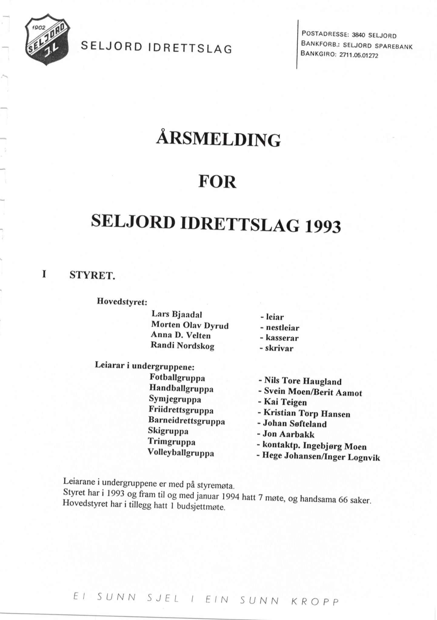 Seljord Idrettslag, VTM/A-1034/A/Ab/L0002: Årsmeldingar, 1994