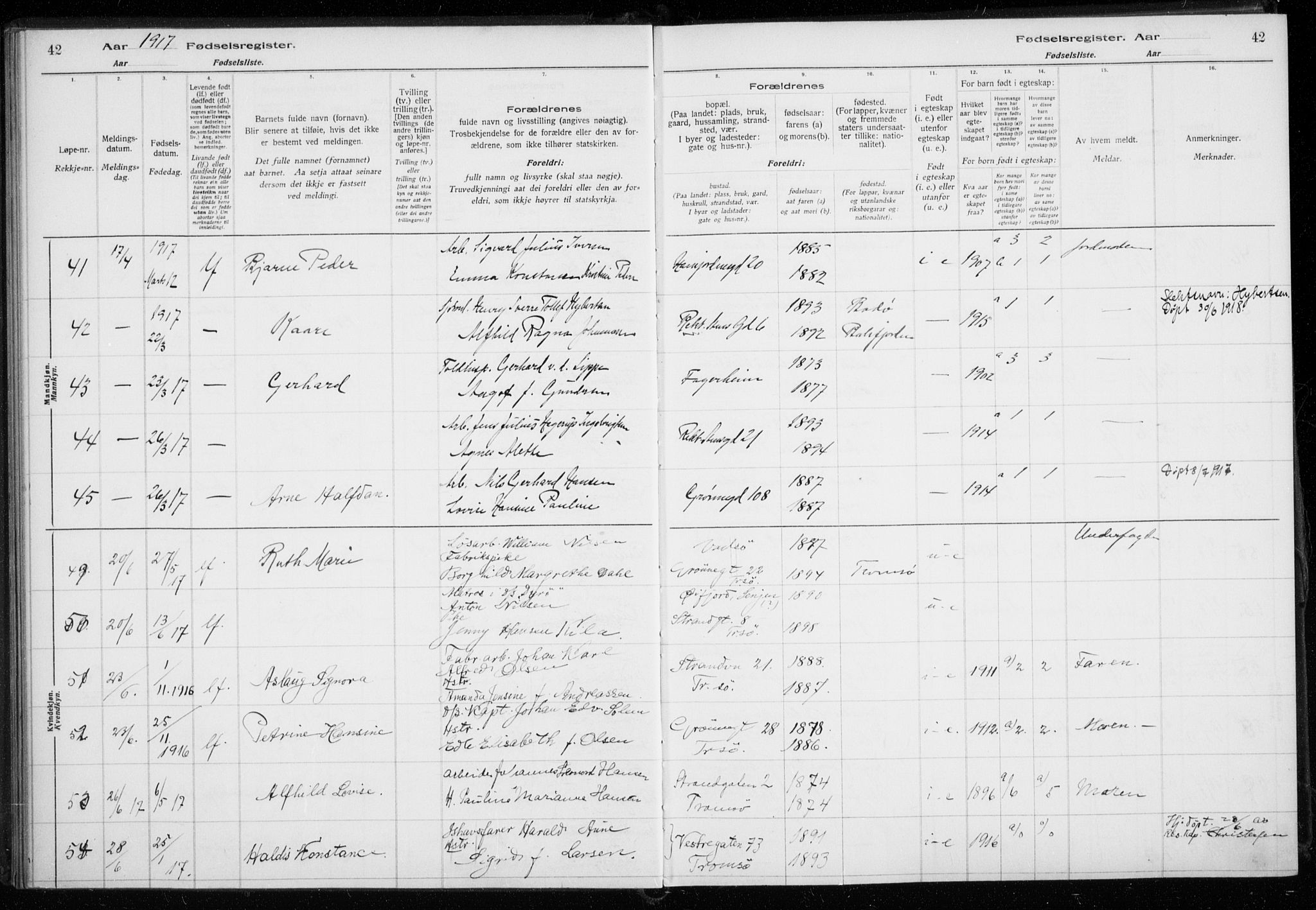 Tromsø sokneprestkontor/stiftsprosti/domprosti, AV/SATØ-S-1343/H/Ha/L0131: Fødselsregister nr. 131, 1916-1921, s. 42