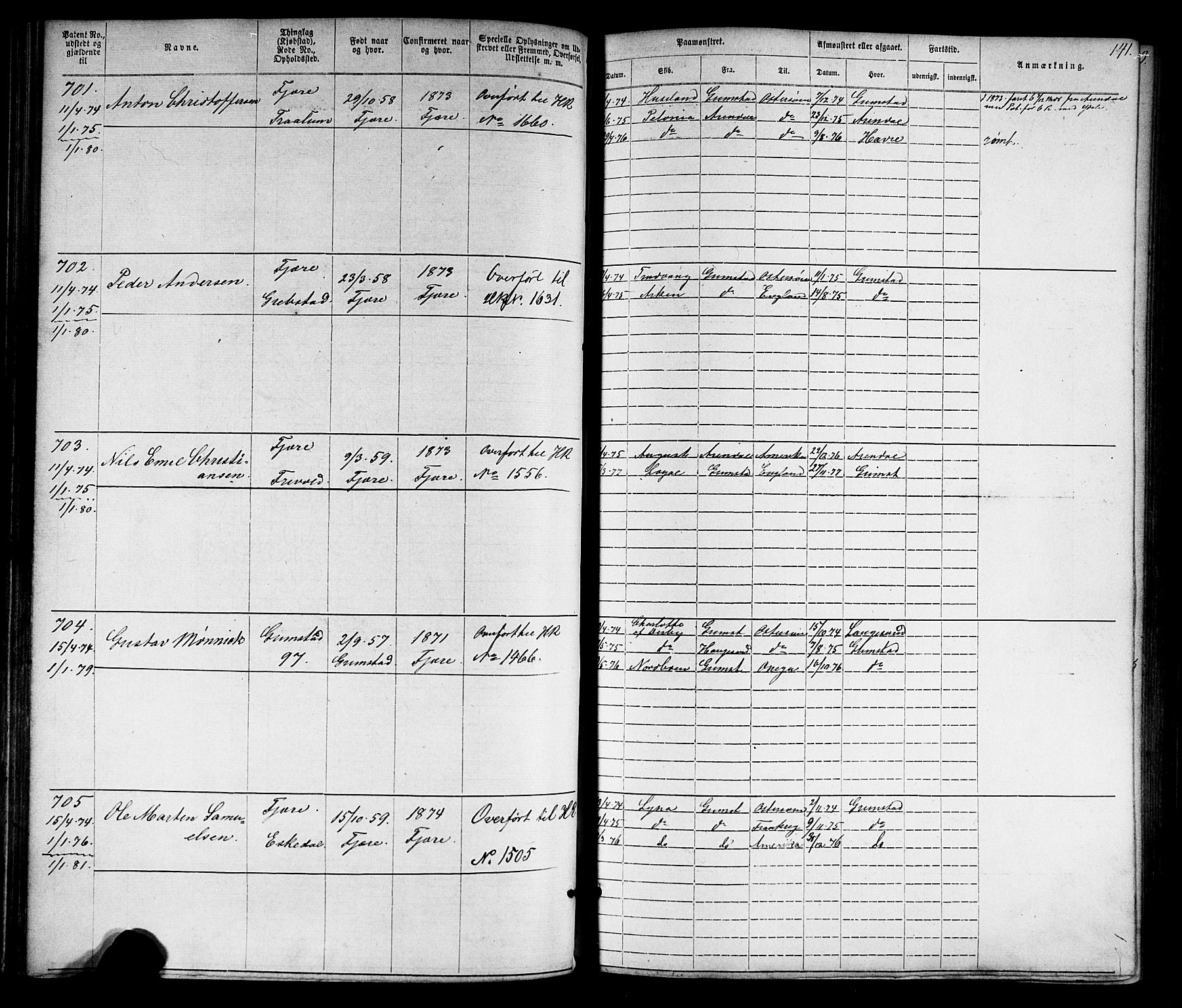 Grimstad mønstringskrets, AV/SAK-2031-0013/F/Fa/L0005: Annotasjonsrulle nr 1-1910 med register, V-18, 1870-1892, s. 168