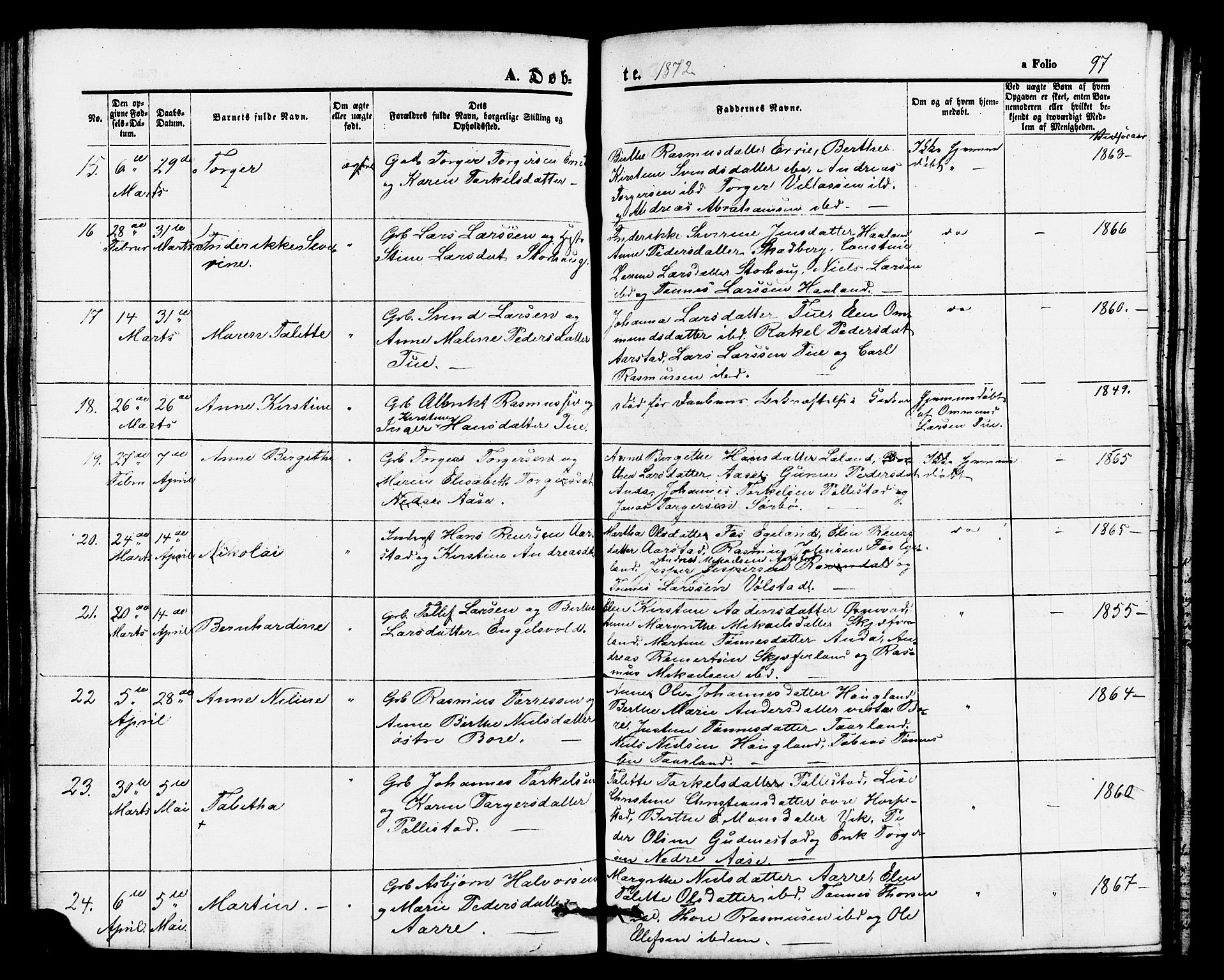 Klepp sokneprestkontor, AV/SAST-A-101803/001/3/30BB/L0002: Klokkerbok nr. B 2, 1860-1875, s. 97