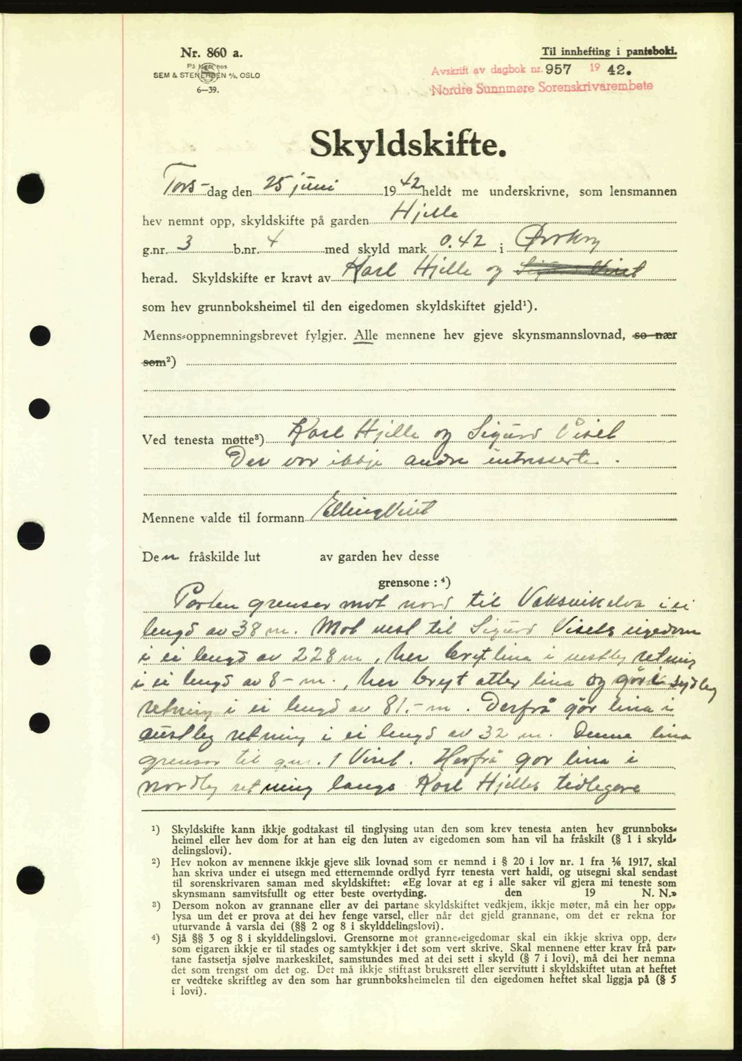 Nordre Sunnmøre sorenskriveri, SAT/A-0006/1/2/2C/2Ca: Pantebok nr. A13, 1942-1942, Dagboknr: 957/1942