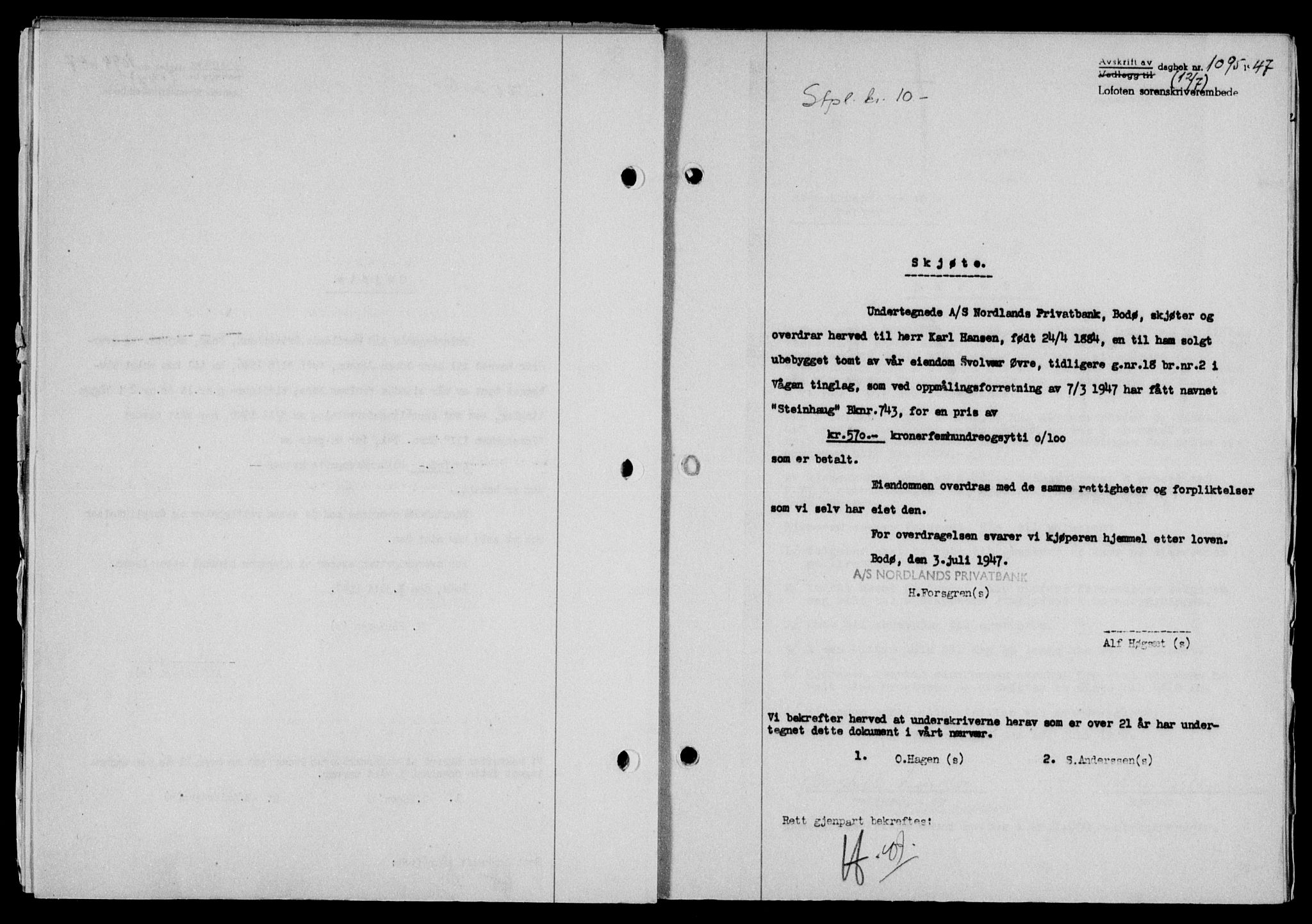 Lofoten sorenskriveri, SAT/A-0017/1/2/2C/L0016a: Pantebok nr. 16a, 1947-1947, Dagboknr: 1095/1947