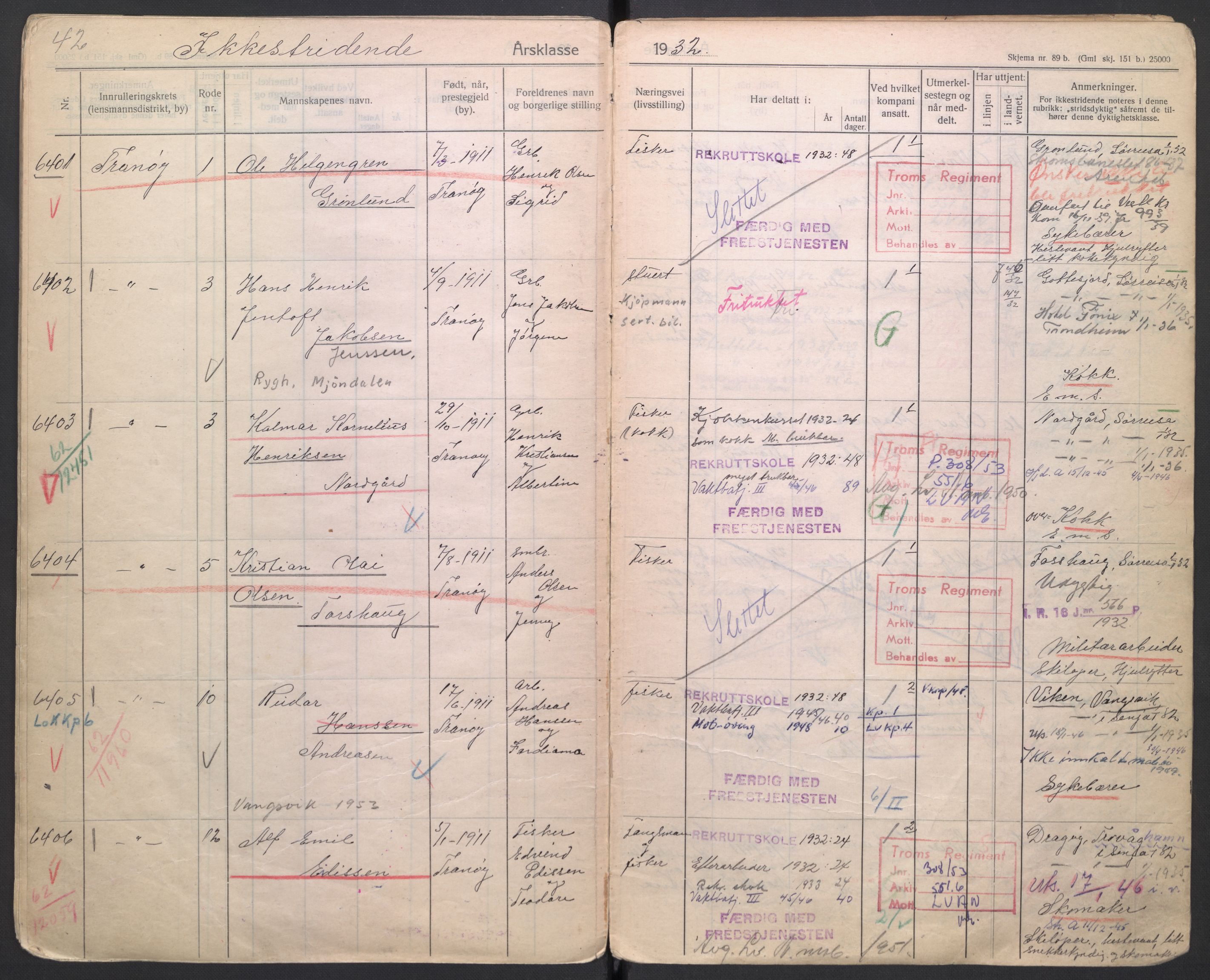 Forsvaret, Troms infanteriregiment nr. 16, AV/RA-RAFA-3146/P/Pa/L0006/0001: Ruller / Rulle for Trondenes bataljons menige mannskaper, årsklasse 1932, 1932, s. 42