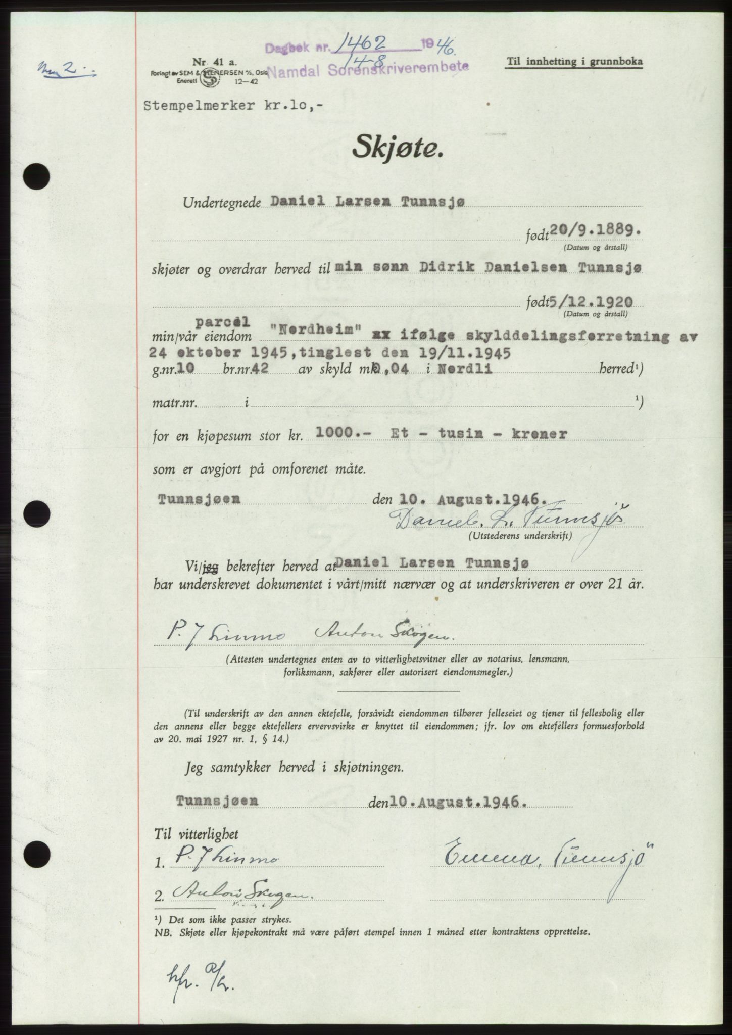 Namdal sorenskriveri, SAT/A-4133/1/2/2C: Pantebok nr. -, 1946-1946, Dagboknr: 1462/1946