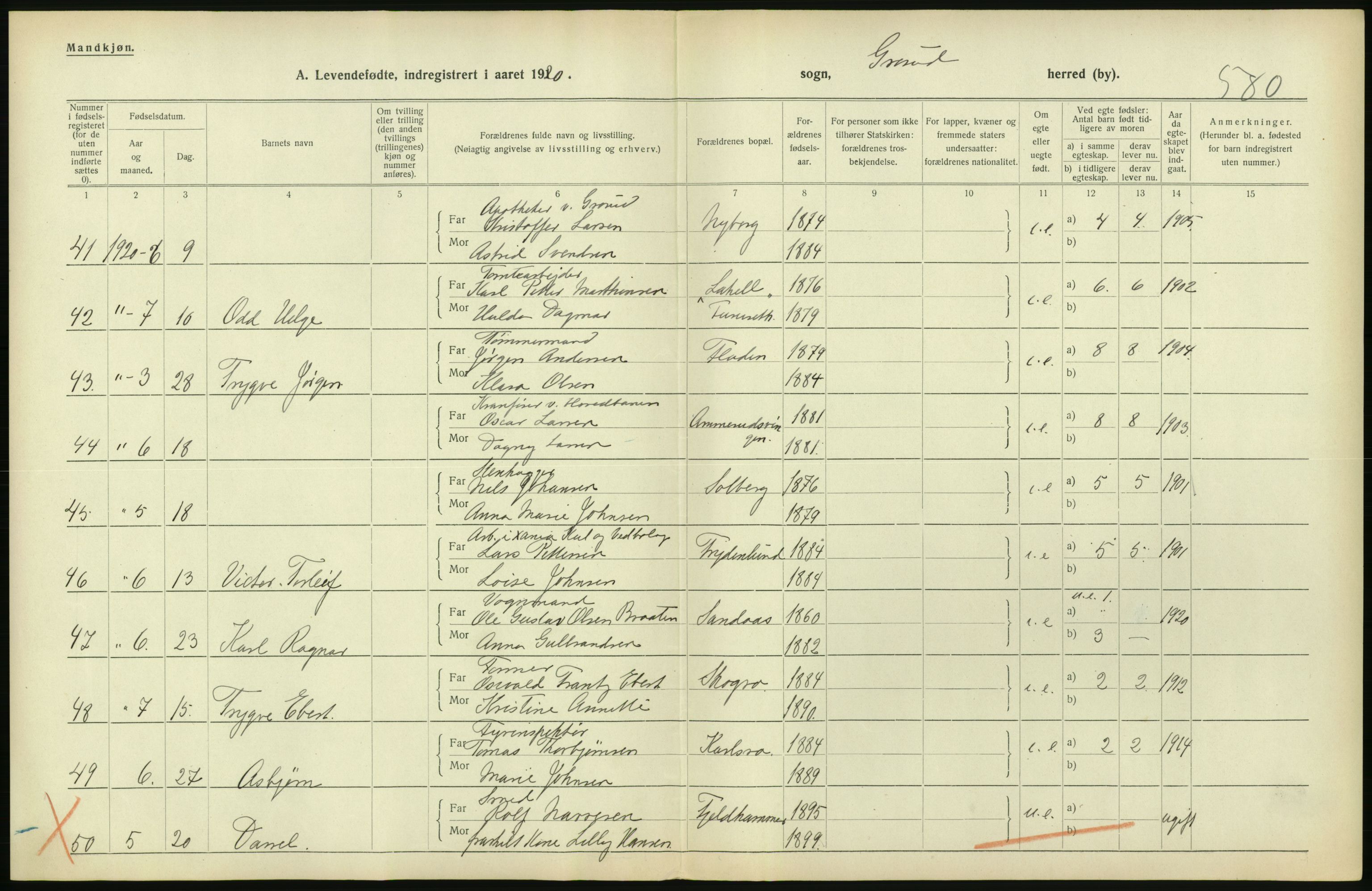 Statistisk sentralbyrå, Sosiodemografiske emner, Befolkning, RA/S-2228/D/Df/Dfb/Dfbj/L0004: Akershus fylke: Levendefødte menn og kvinner. Bygder., 1920, s. 112