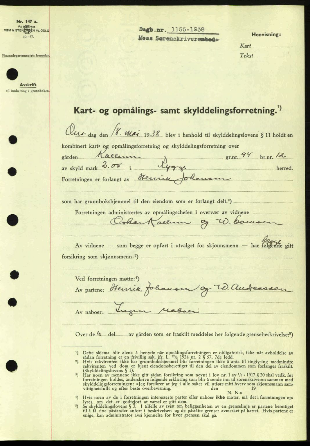 Moss sorenskriveri, SAO/A-10168: Pantebok nr. A4, 1938-1938, Dagboknr: 1155/1938