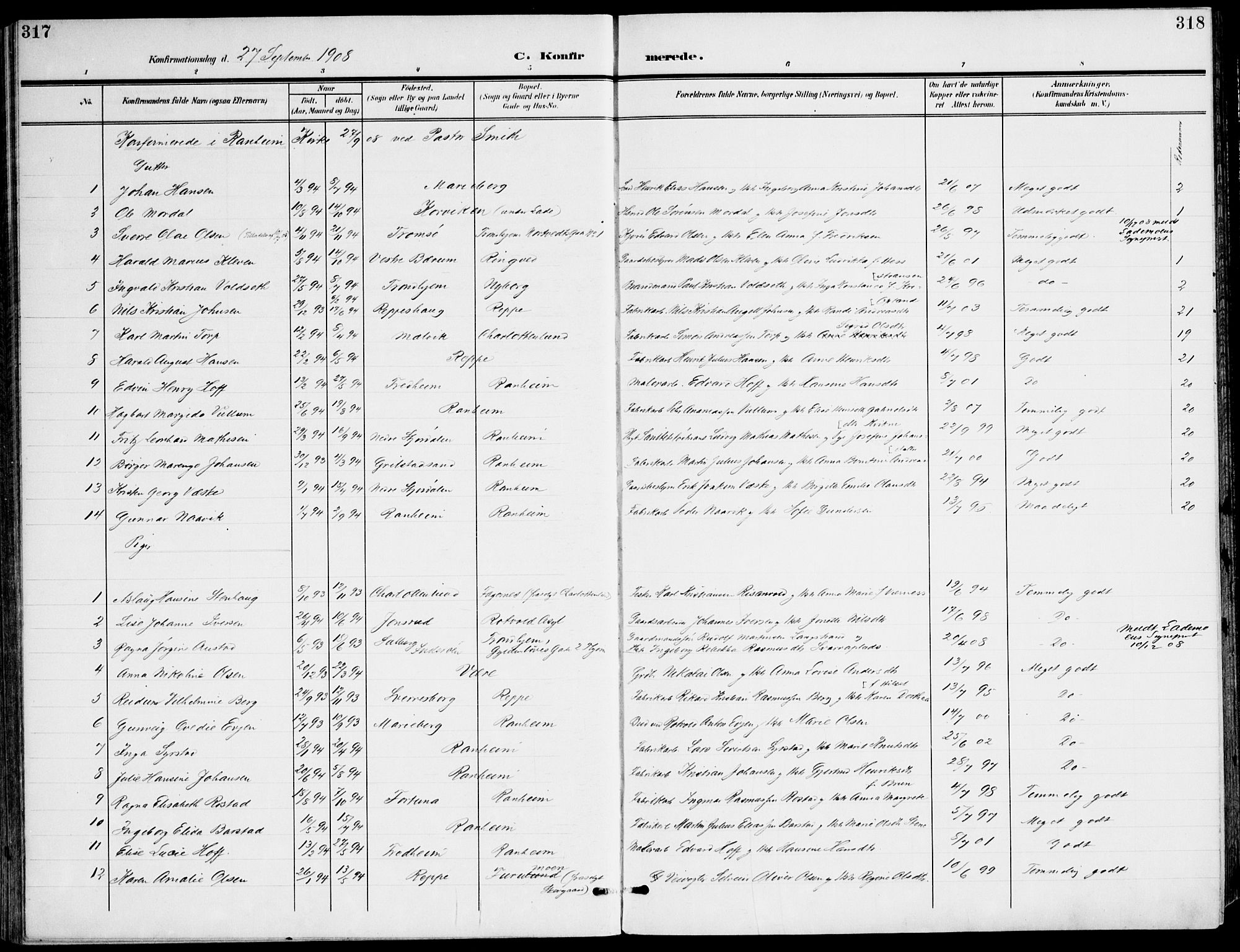 Ministerialprotokoller, klokkerbøker og fødselsregistre - Sør-Trøndelag, SAT/A-1456/607/L0320: Ministerialbok nr. 607A04, 1907-1915, s. 317-318