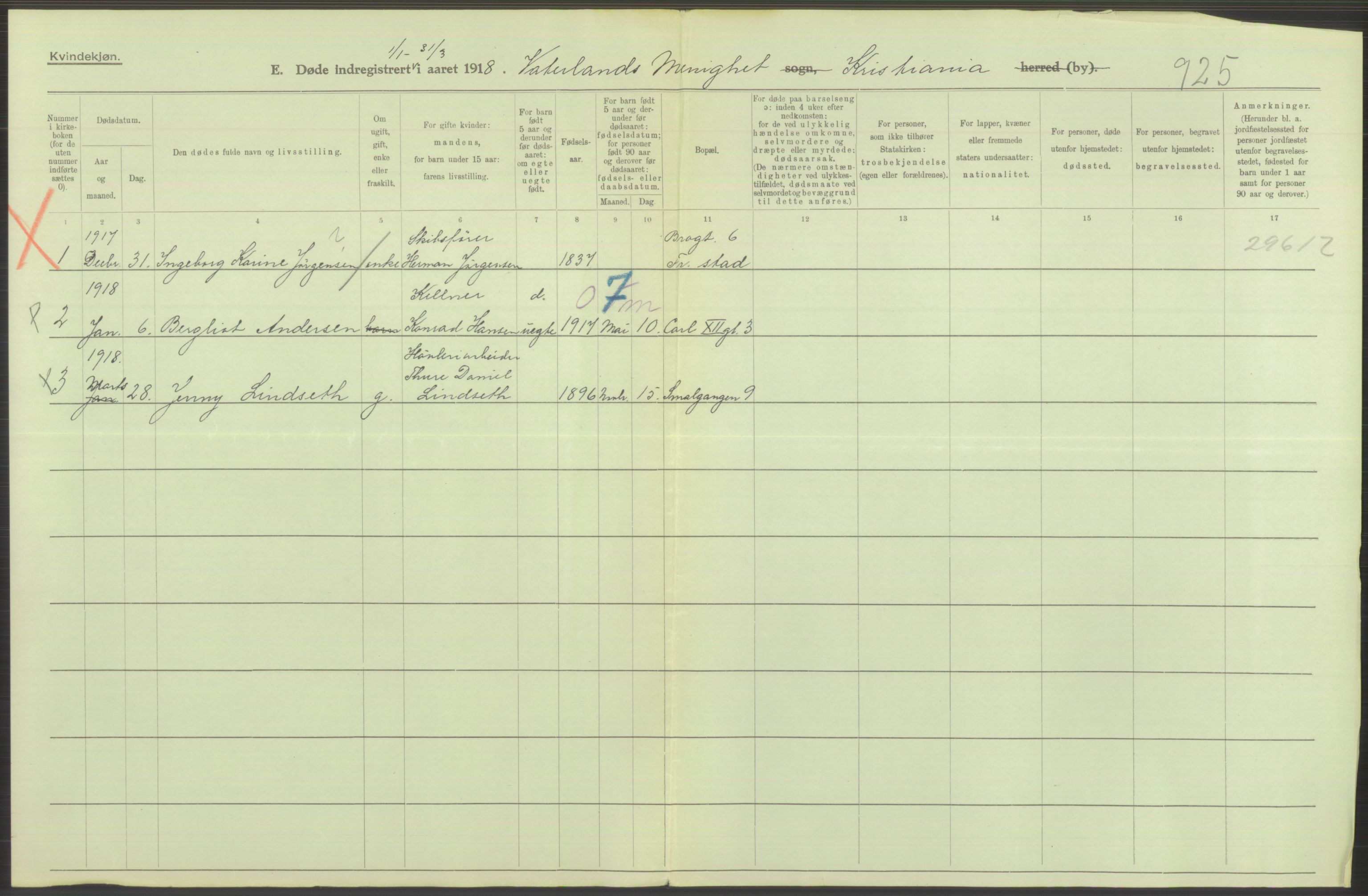 Statistisk sentralbyrå, Sosiodemografiske emner, Befolkning, AV/RA-S-2228/D/Df/Dfb/Dfbh/L0011: Kristiania: Døde, dødfødte, 1918, s. 22