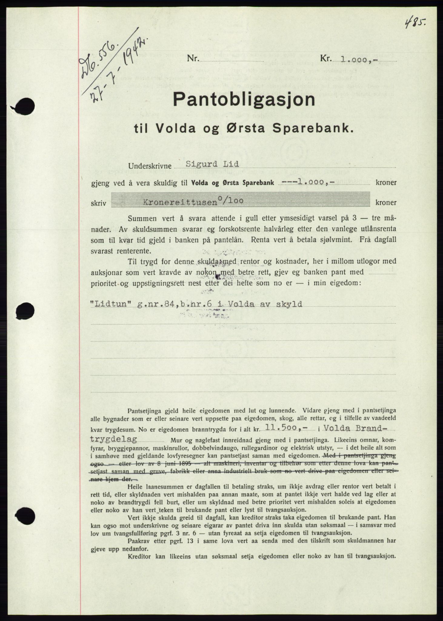 Søre Sunnmøre sorenskriveri, SAT/A-4122/1/2/2C/L0073: Pantebok nr. 67, 1941-1942, Dagboknr: 556/1942