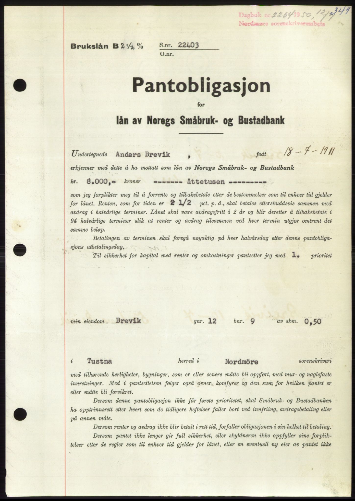 Nordmøre sorenskriveri, AV/SAT-A-4132/1/2/2Ca: Pantebok nr. B105, 1950-1950, Dagboknr: 2254/1950