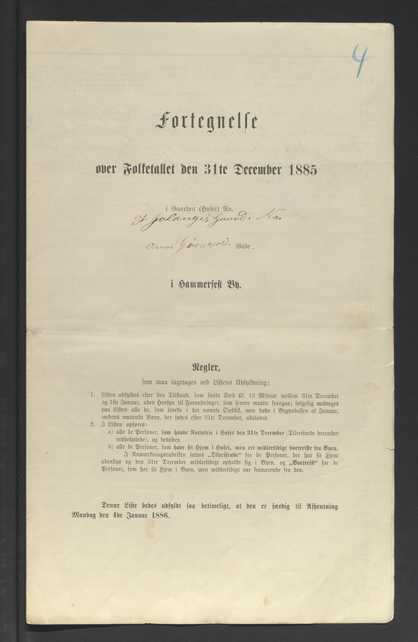 SATØ, Folketelling 1885 for 2001 Hammerfest kjøpstad, 1885, s. 4a
