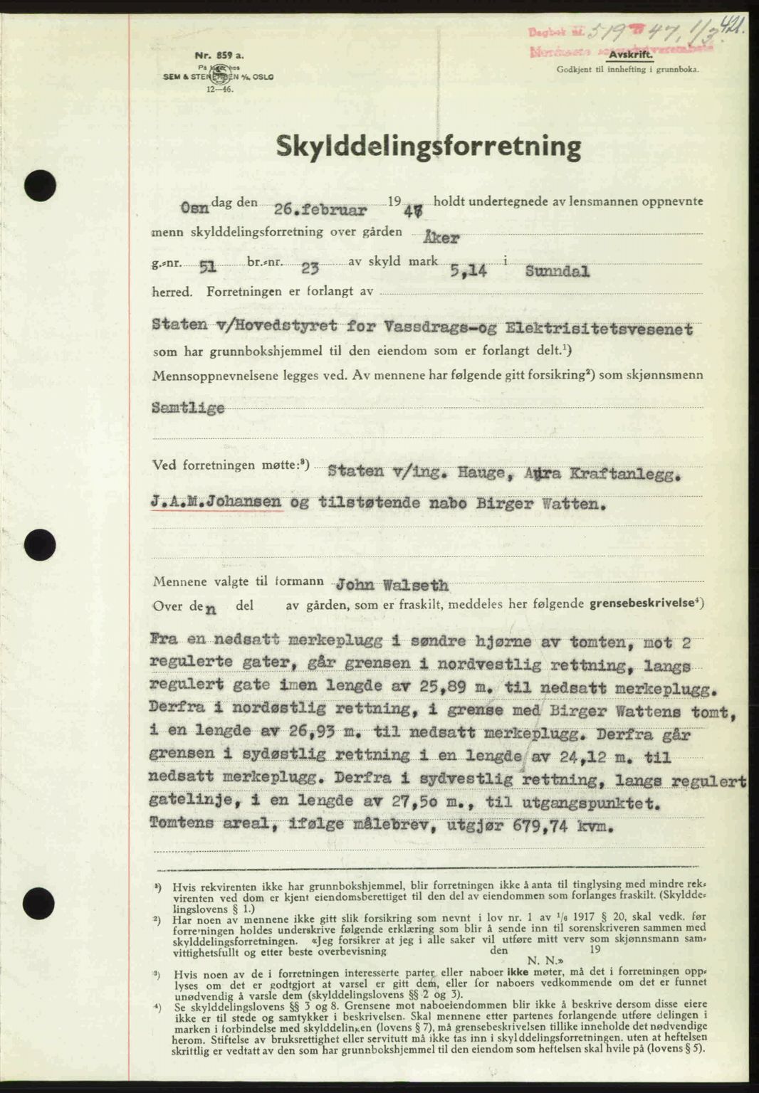Nordmøre sorenskriveri, SAT/A-4132/1/2/2Ca: Pantebok nr. A104, 1947-1947, Dagboknr: 519/1947