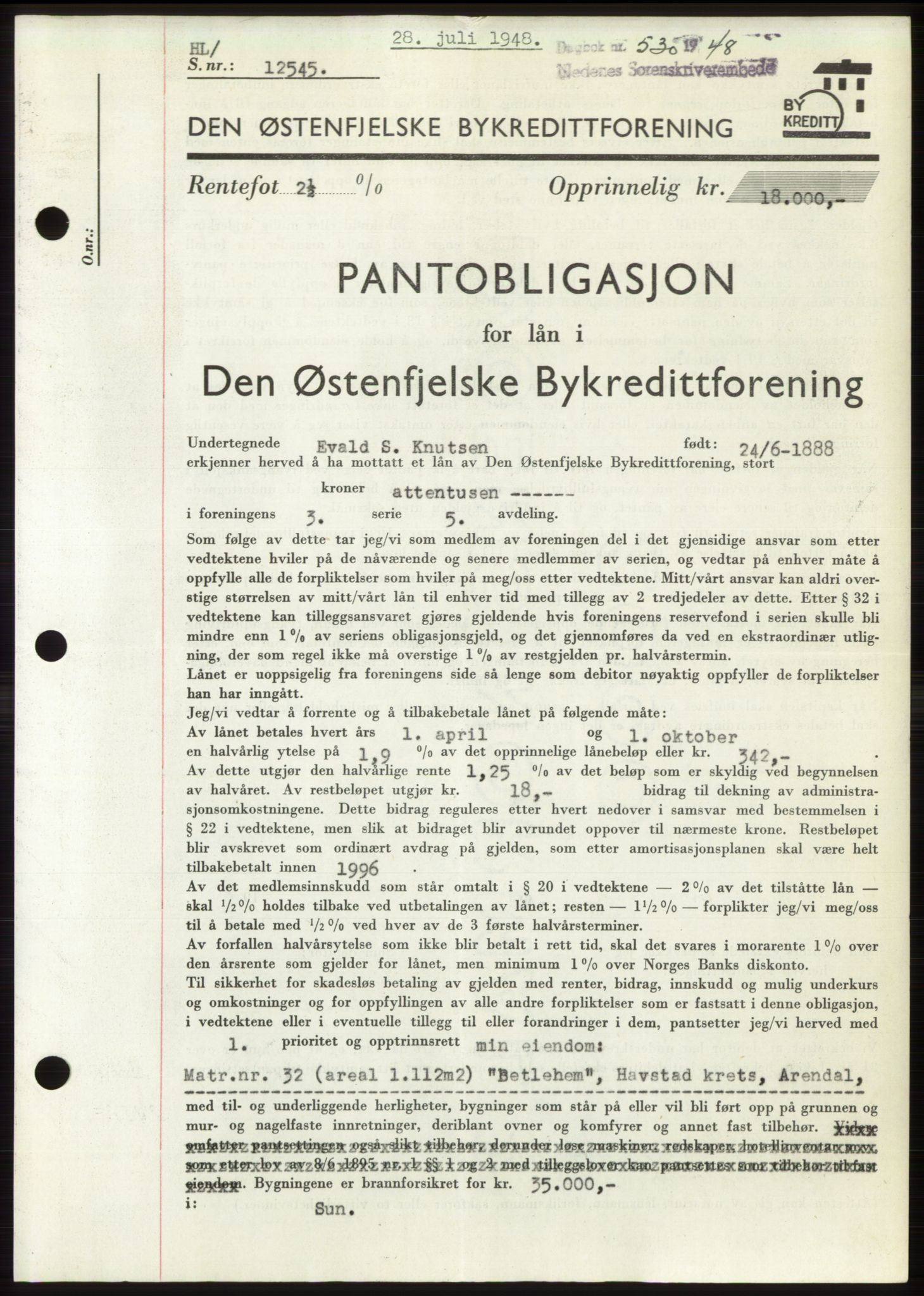 Arendal byfogd, SAK/1222-0001/G/Gb/Gbb/L0004: Pantebok nr. B3, 1947-1948, Dagboknr: 530/1948