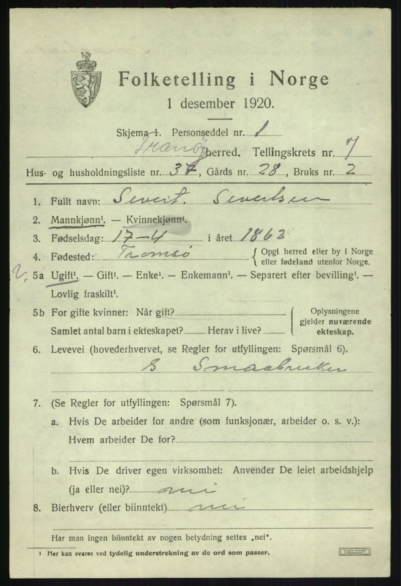 SATØ, Folketelling 1920 for 1927 Tranøy herred, 1920, s. 3789