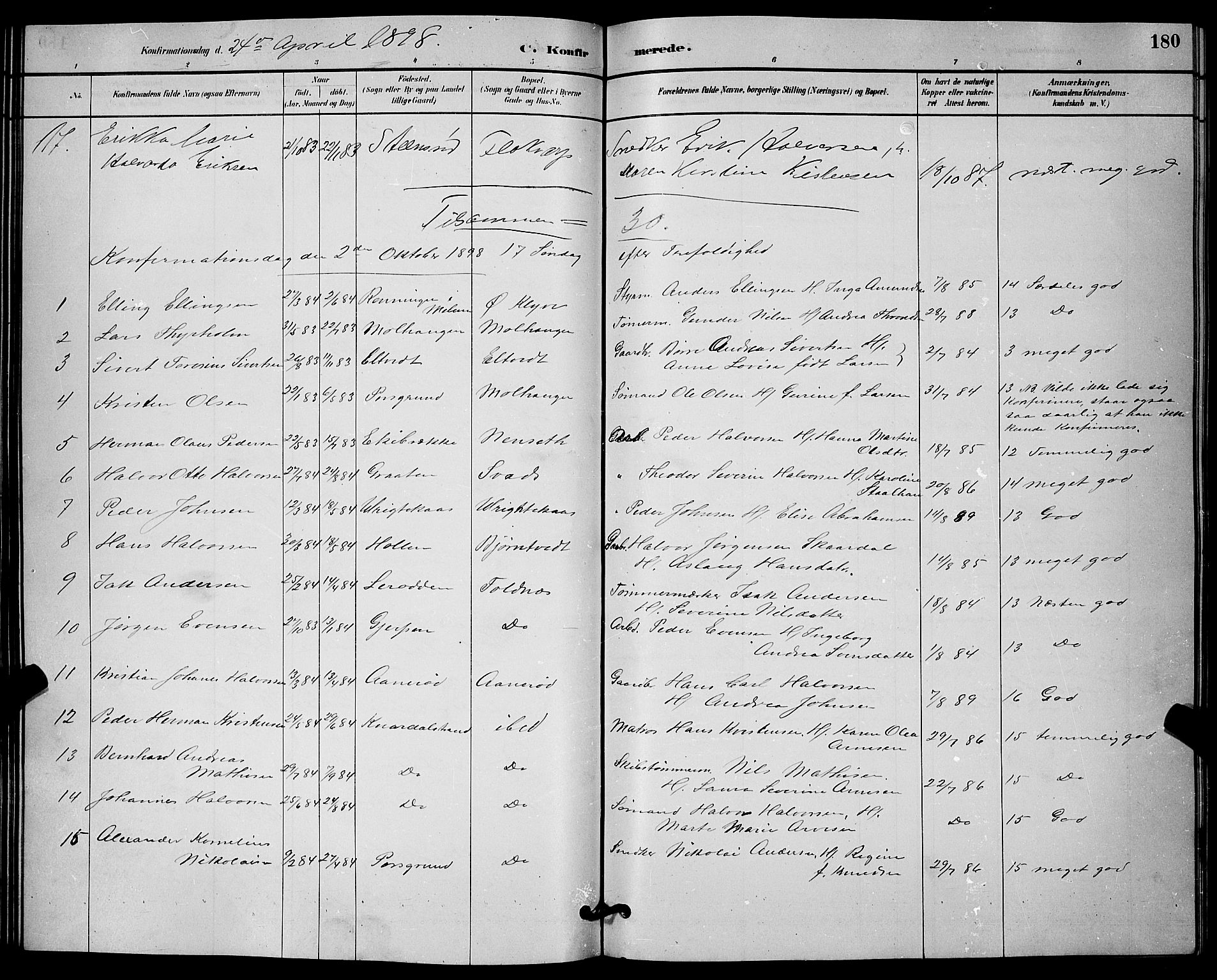 Solum kirkebøker, AV/SAKO-A-306/G/Ga/L0007: Klokkerbok nr. I 7, 1884-1898, s. 180