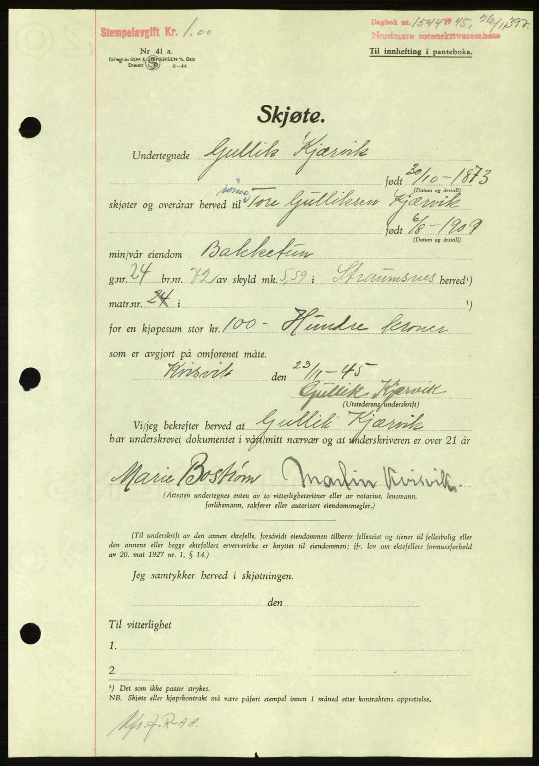 Nordmøre sorenskriveri, AV/SAT-A-4132/1/2/2Ca: Pantebok nr. A100a, 1945-1945, Dagboknr: 1544/1945