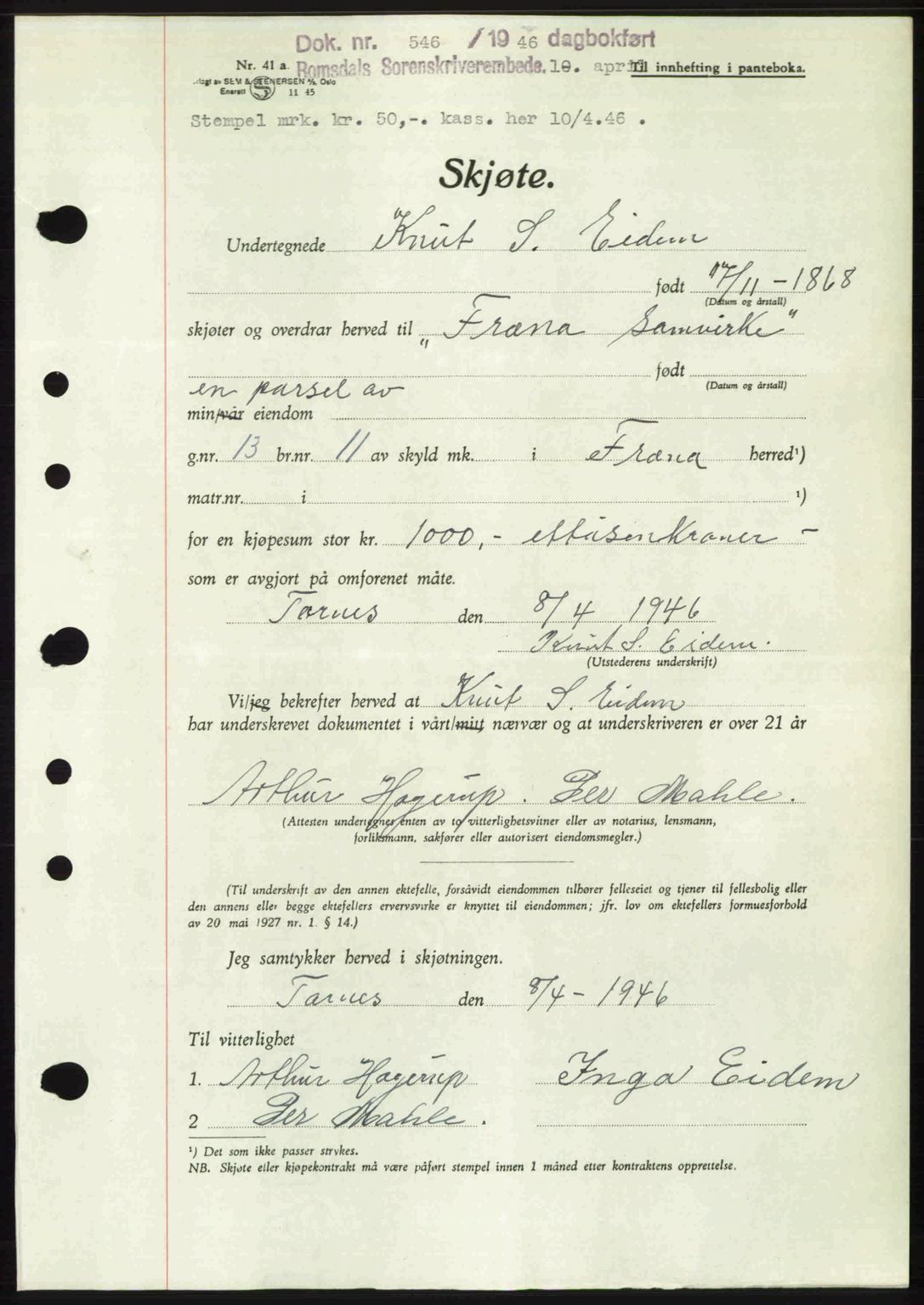 Romsdal sorenskriveri, SAT/A-4149/1/2/2C: Pantebok nr. A19, 1946-1946, Dagboknr: 546/1946